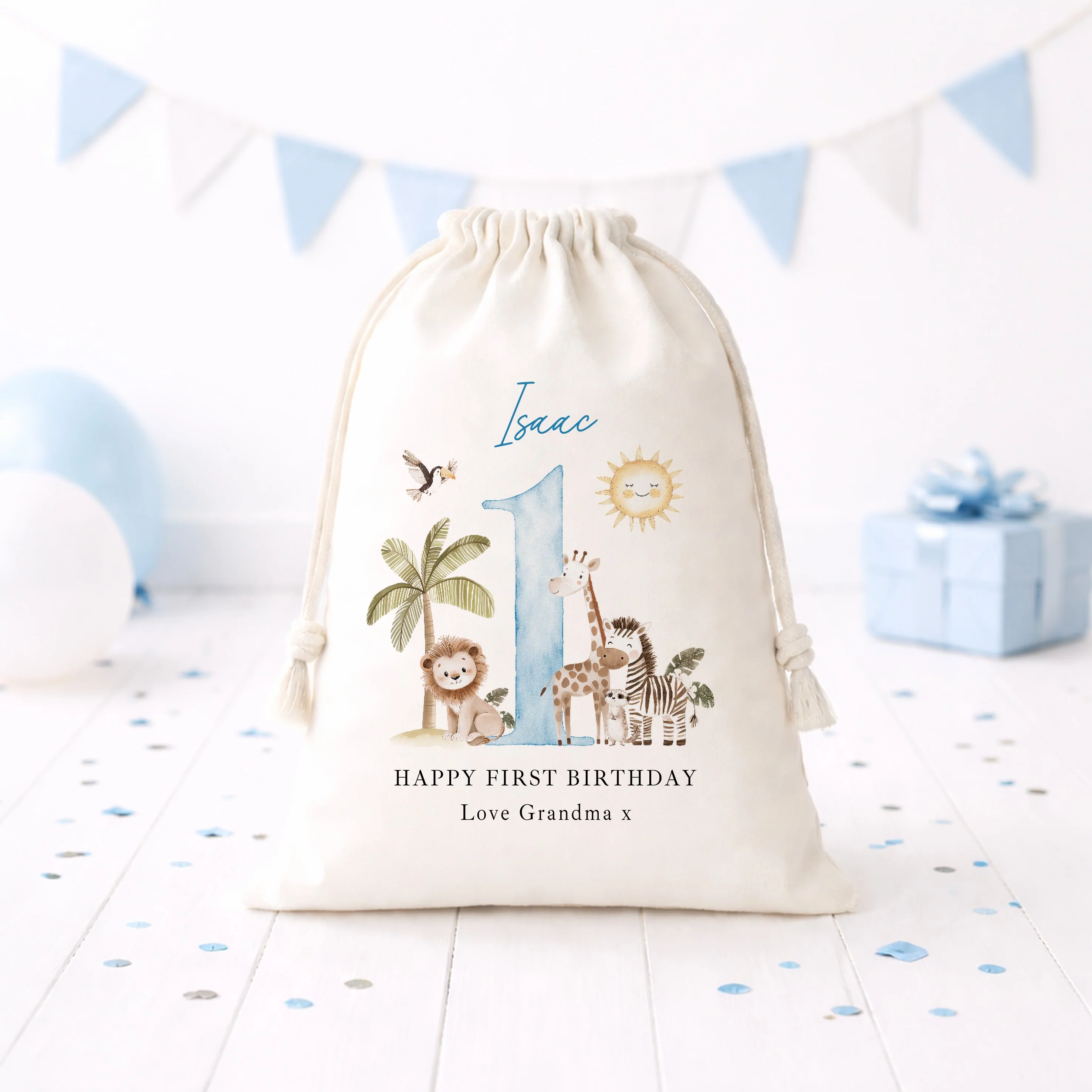 Personalised Blue Safari Birthday Gift Sack - Image 3