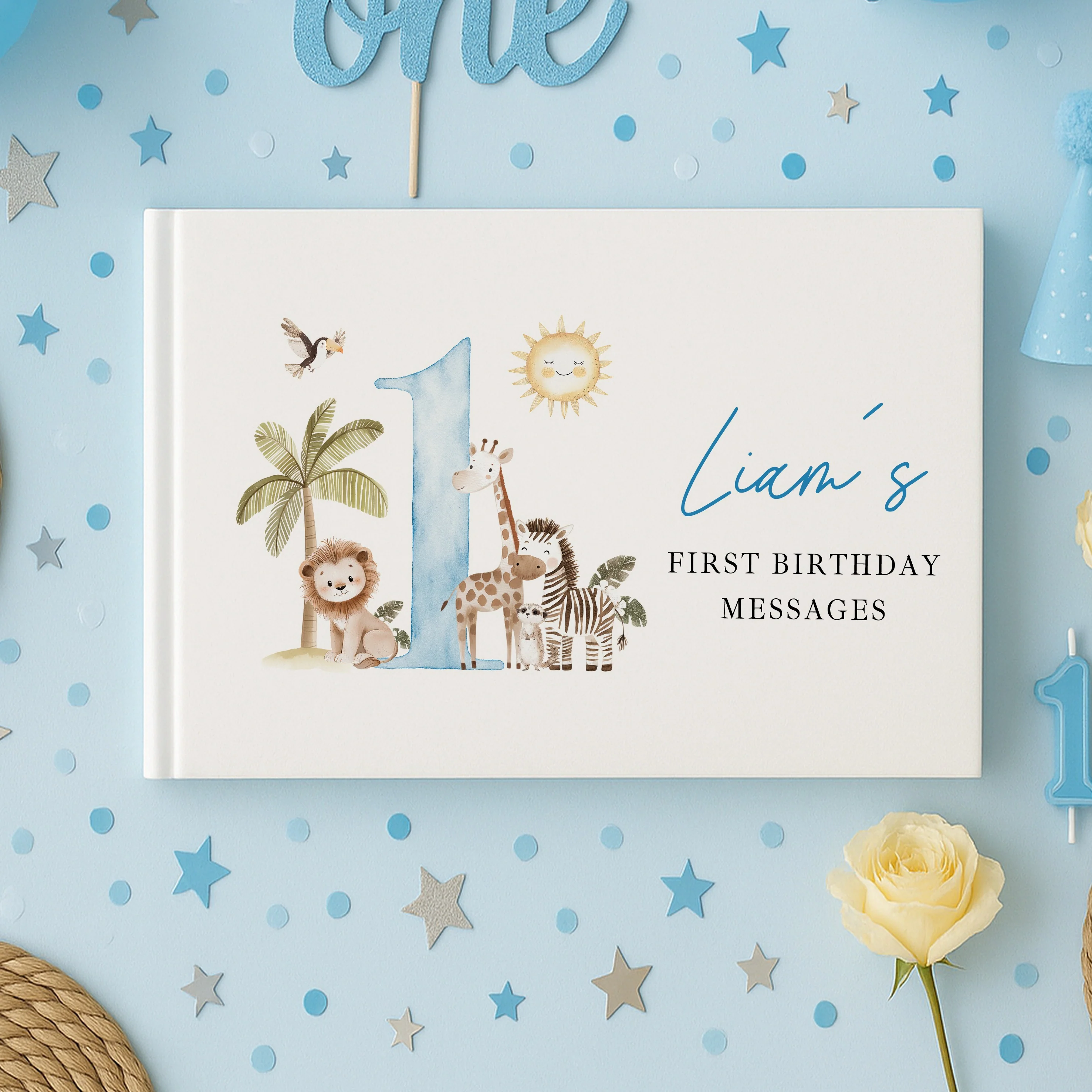 Personalised Blue Safari First Birthday Guest Book - Image 5