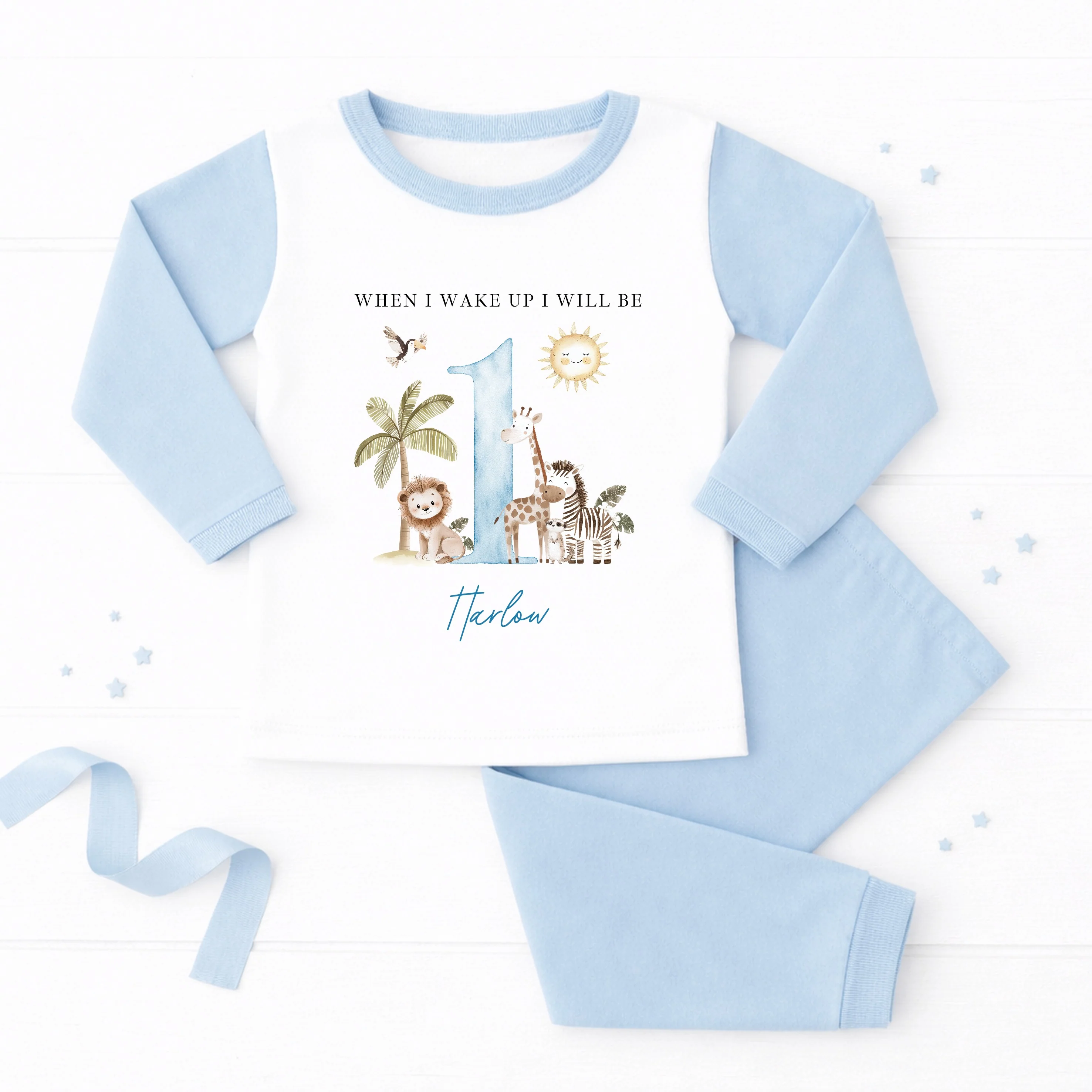 Personalised Blue Safari When I Wake Up I Will Be One First Birthday Pyjamas - Image 3