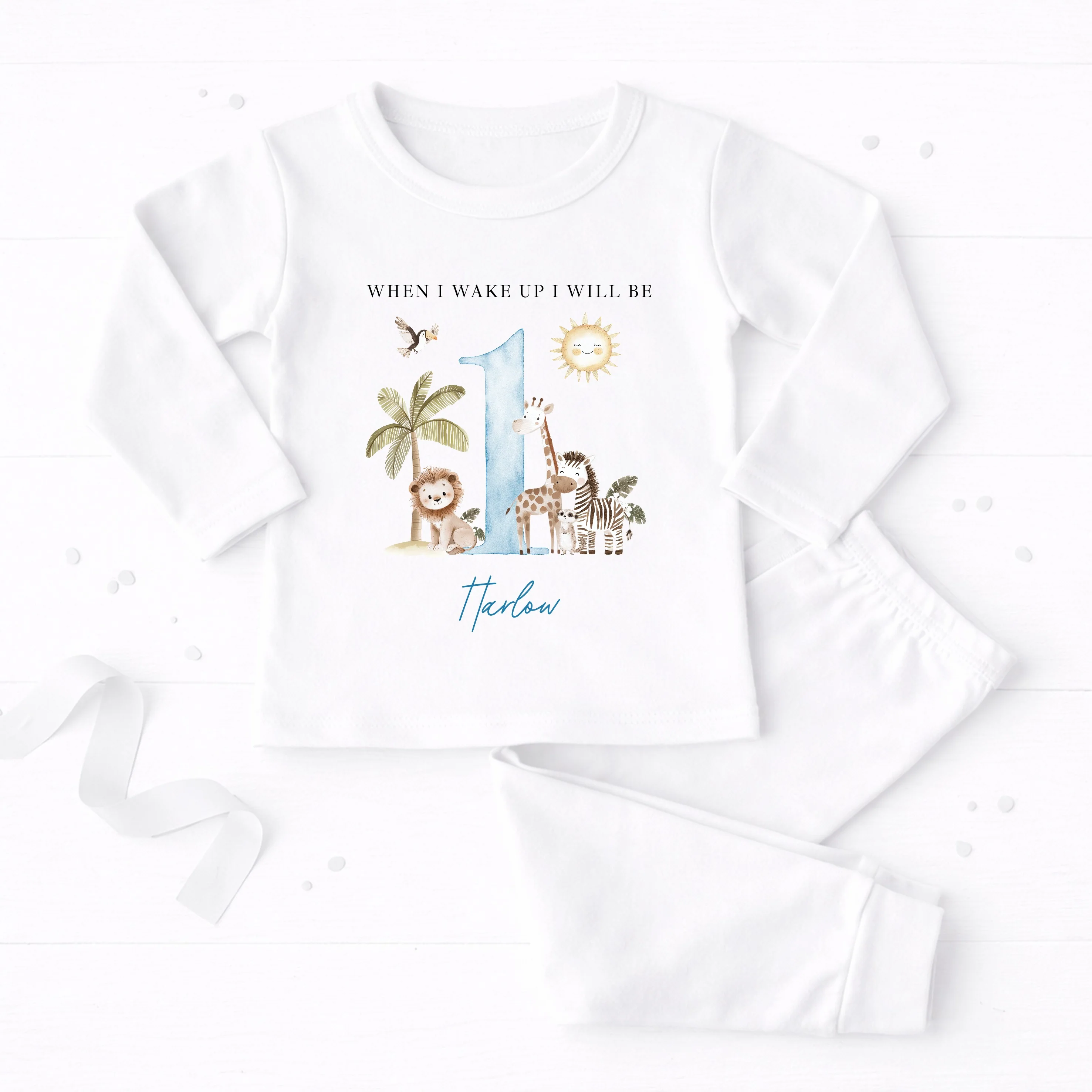 Personalised Blue Safari When I Wake Up I Will Be One First Birthday Pyjamas - Image 4
