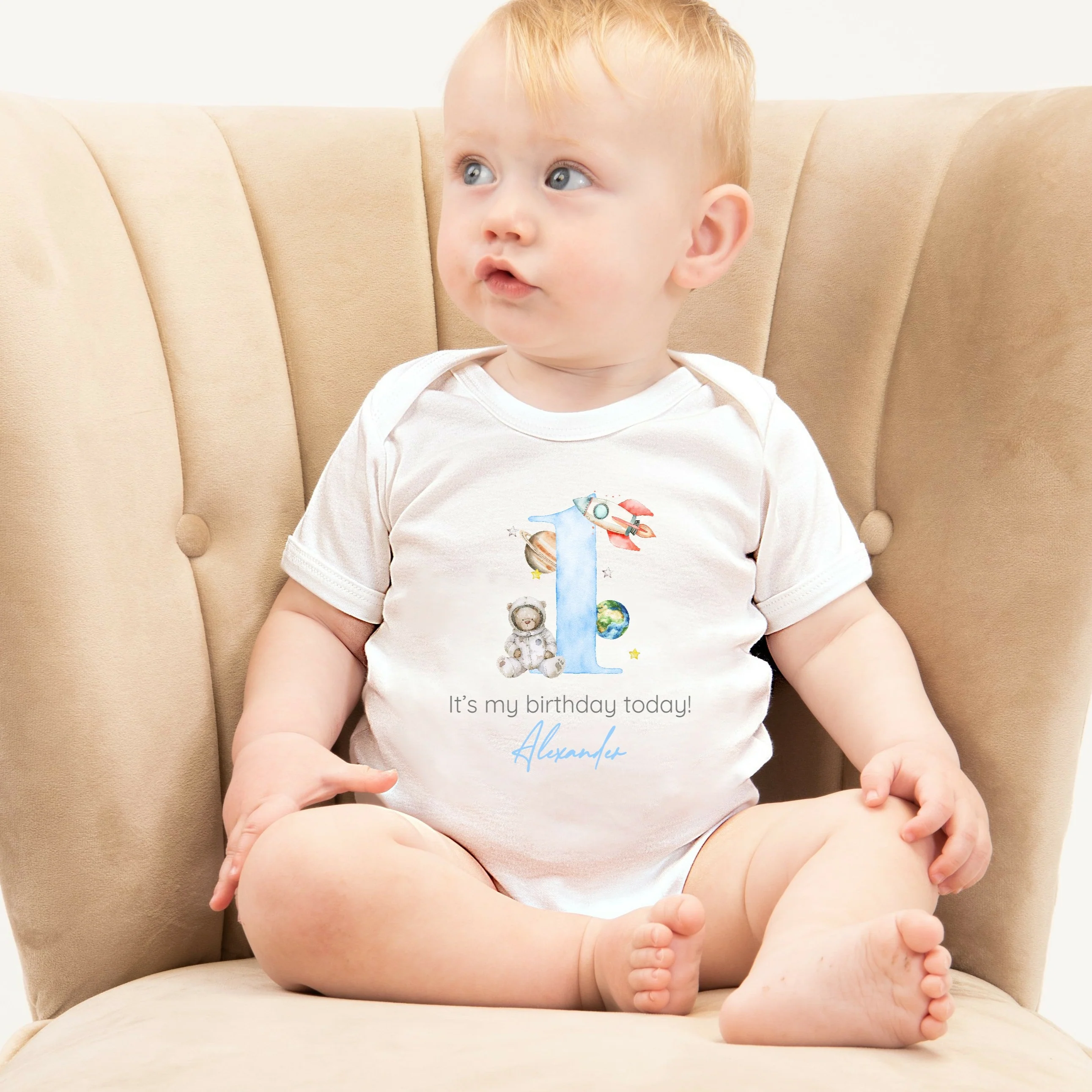 Personalised Blue Spaceman First Birthday Vest