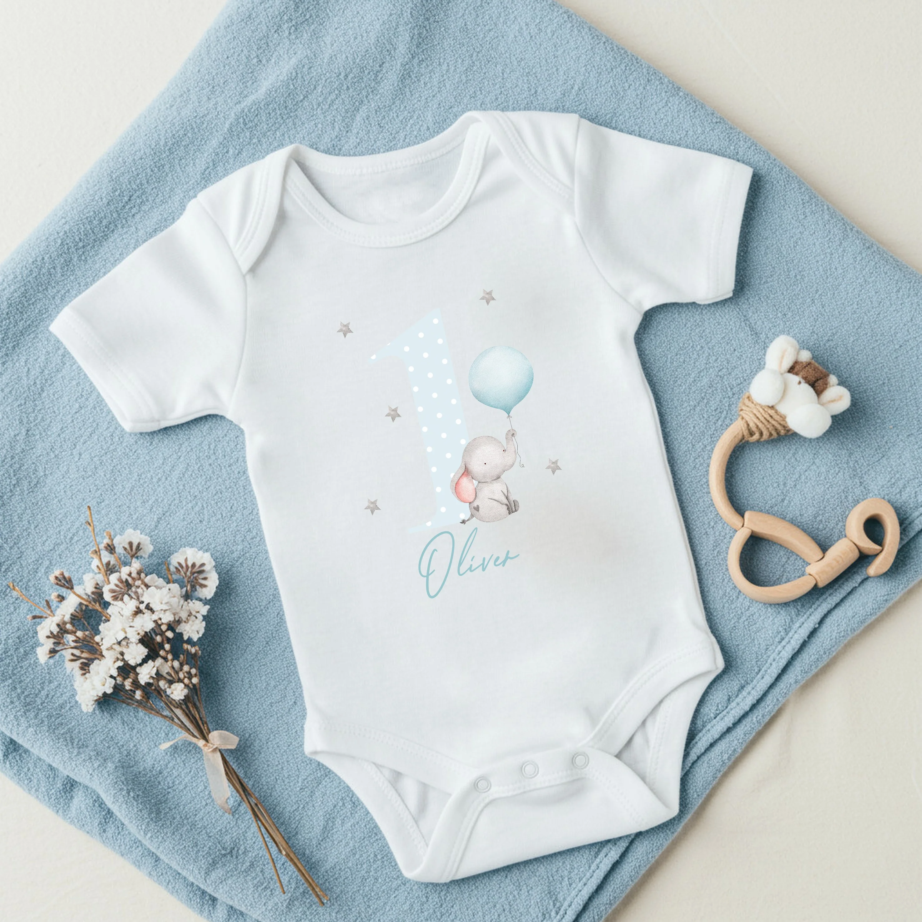 Personalised Blue Spotty Elephant First Birthday Vest - Image 2