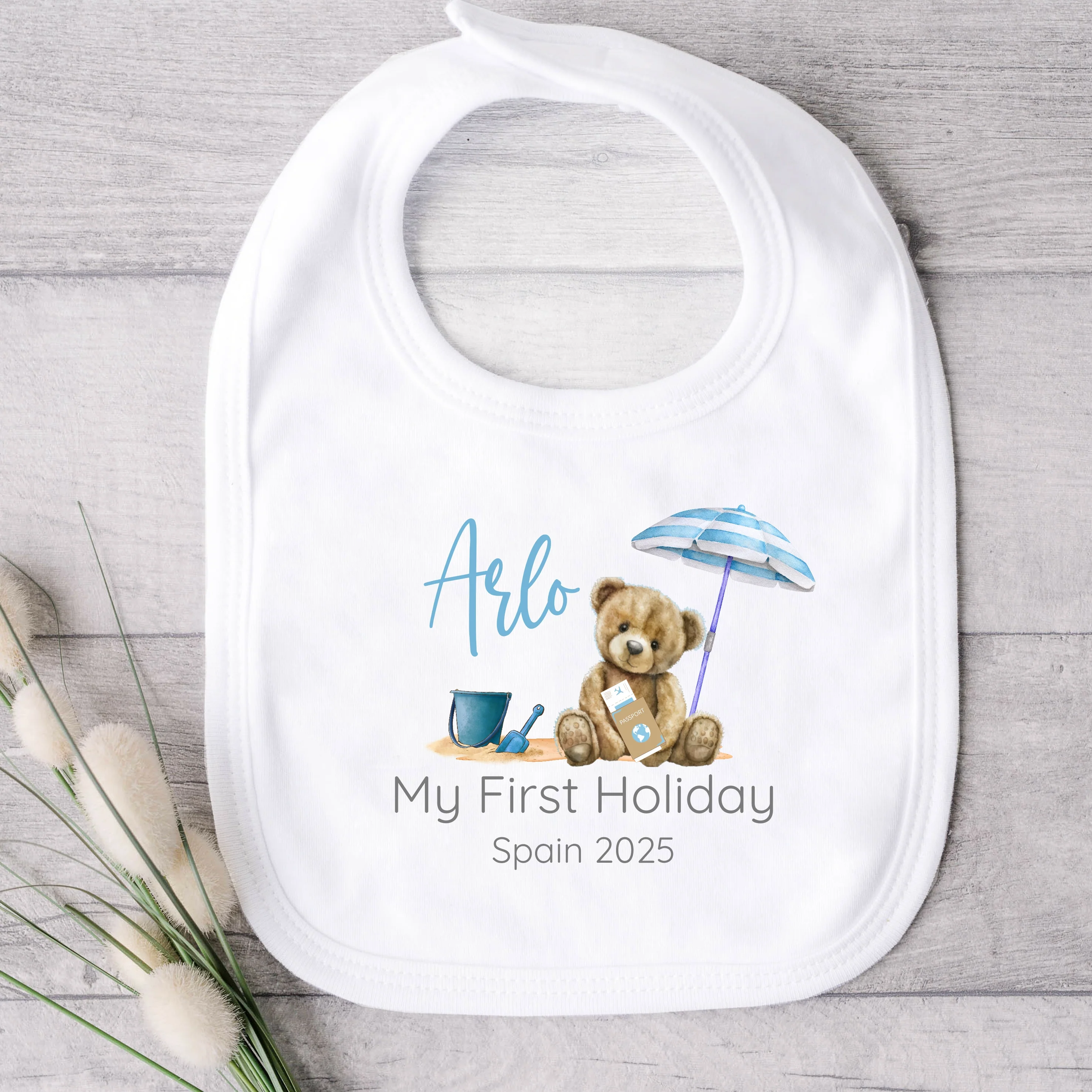 Personalised Blue Teddy Beach First Holiday Baby Vest or T-Shirt - Image 3