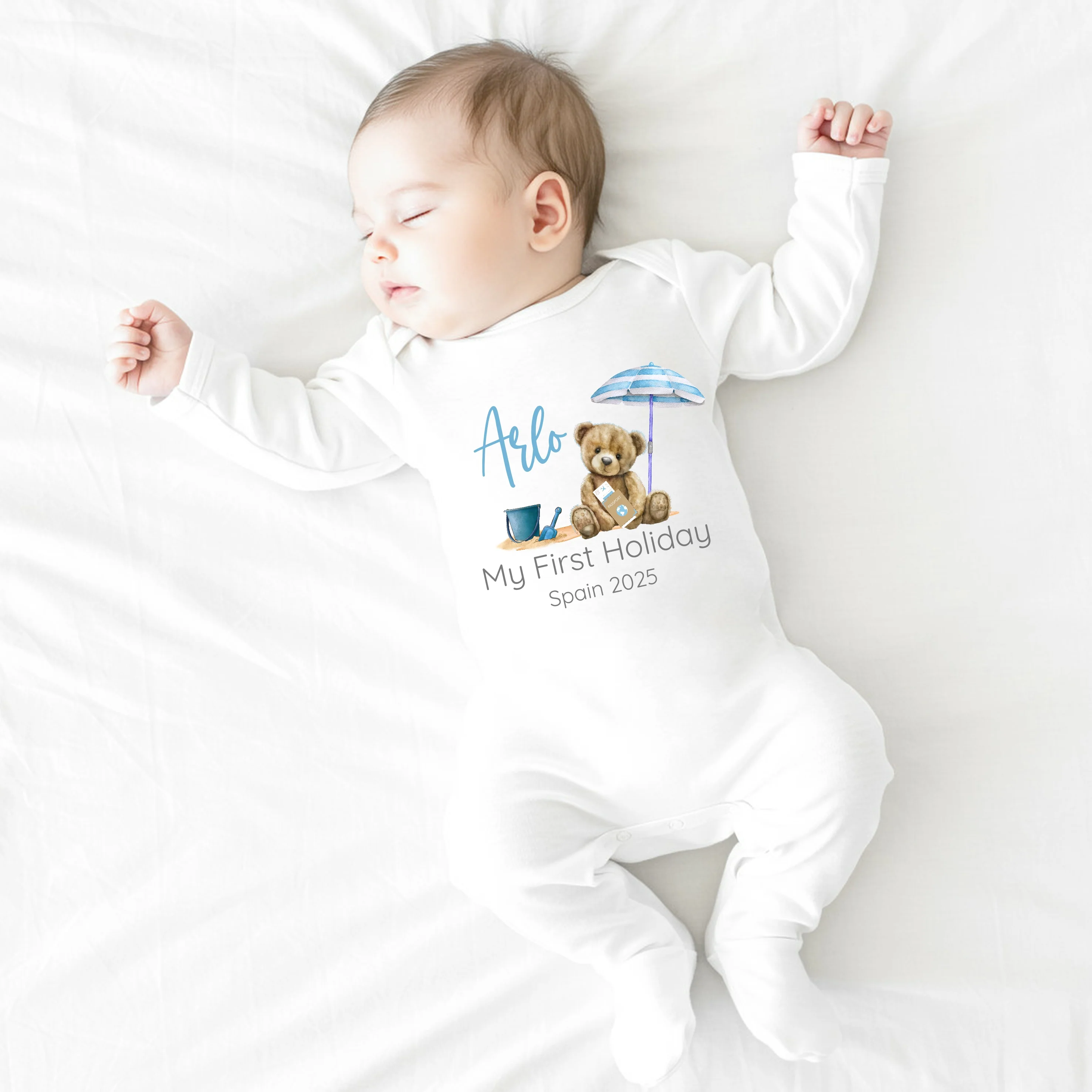 Personalised Blue Teddy Beach First Holiday Baby Vest or T-Shirt - Image 4