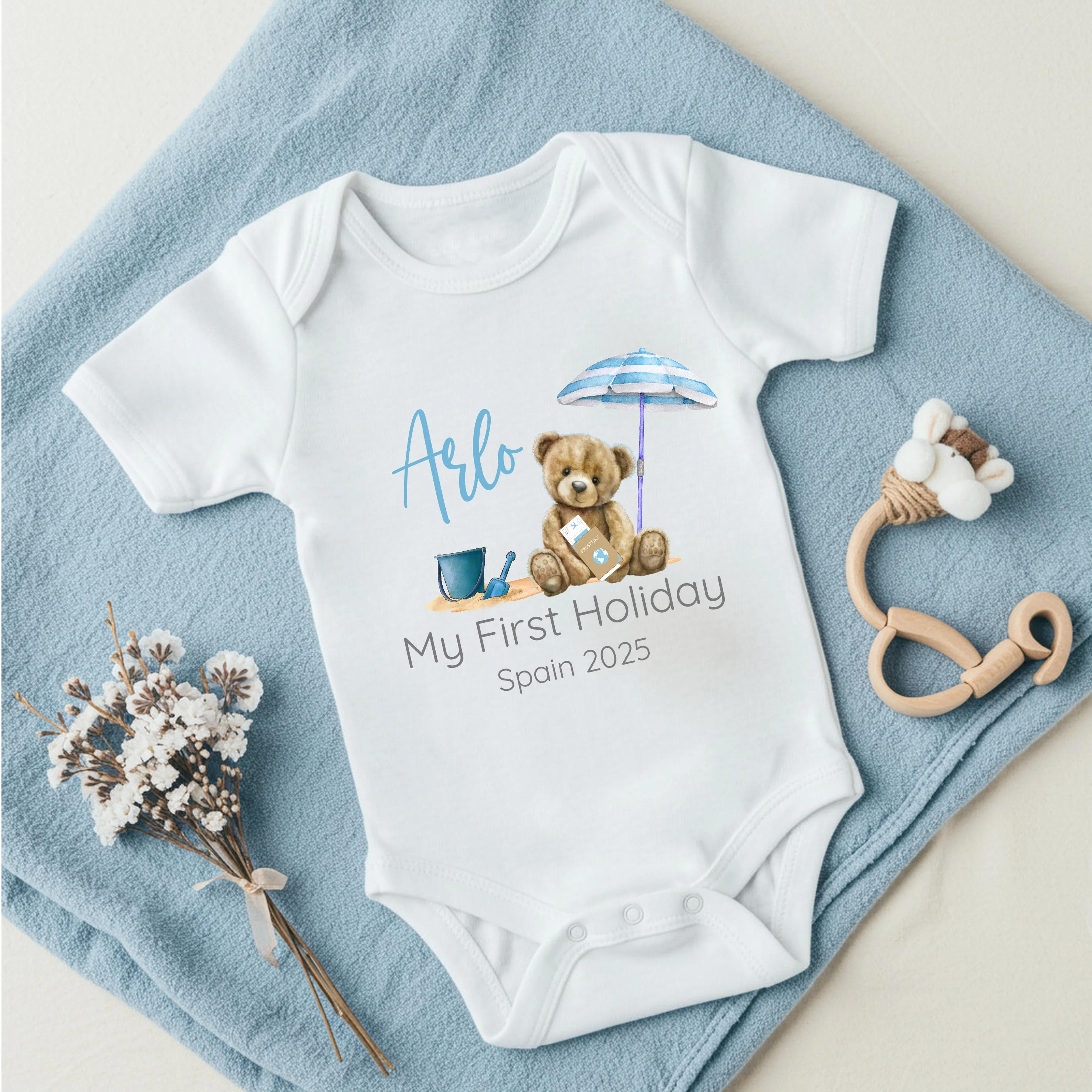 Personalised Blue Teddy Beach First Holiday Baby Vest or T-Shirt - Image 5