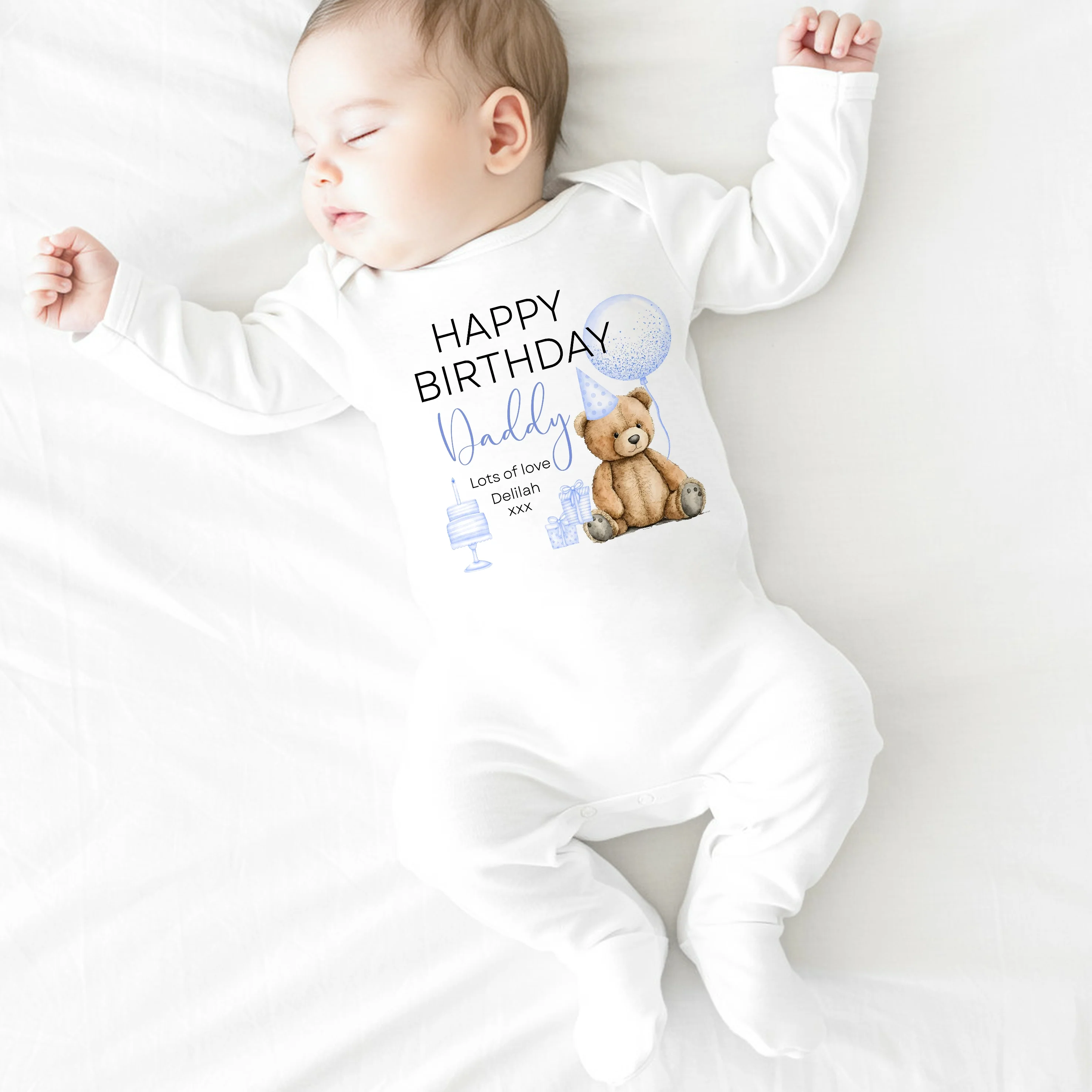 Personalised Blue Teddy Bear Happy Birthday Daddy Baby Grow or Vest - Image 3
