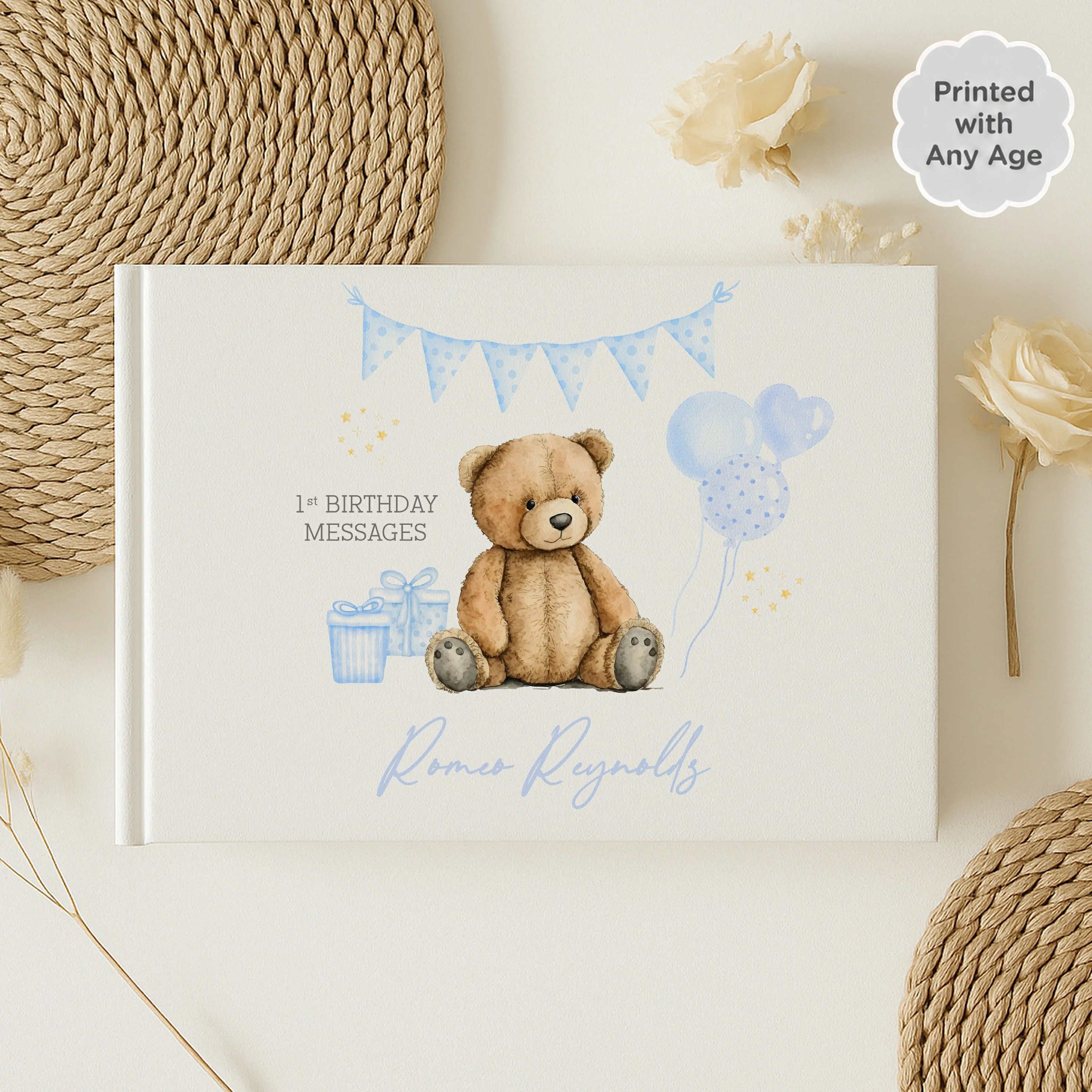 Personalised Blue Teddy Any Age Birthday Party Guest Book - Image 3