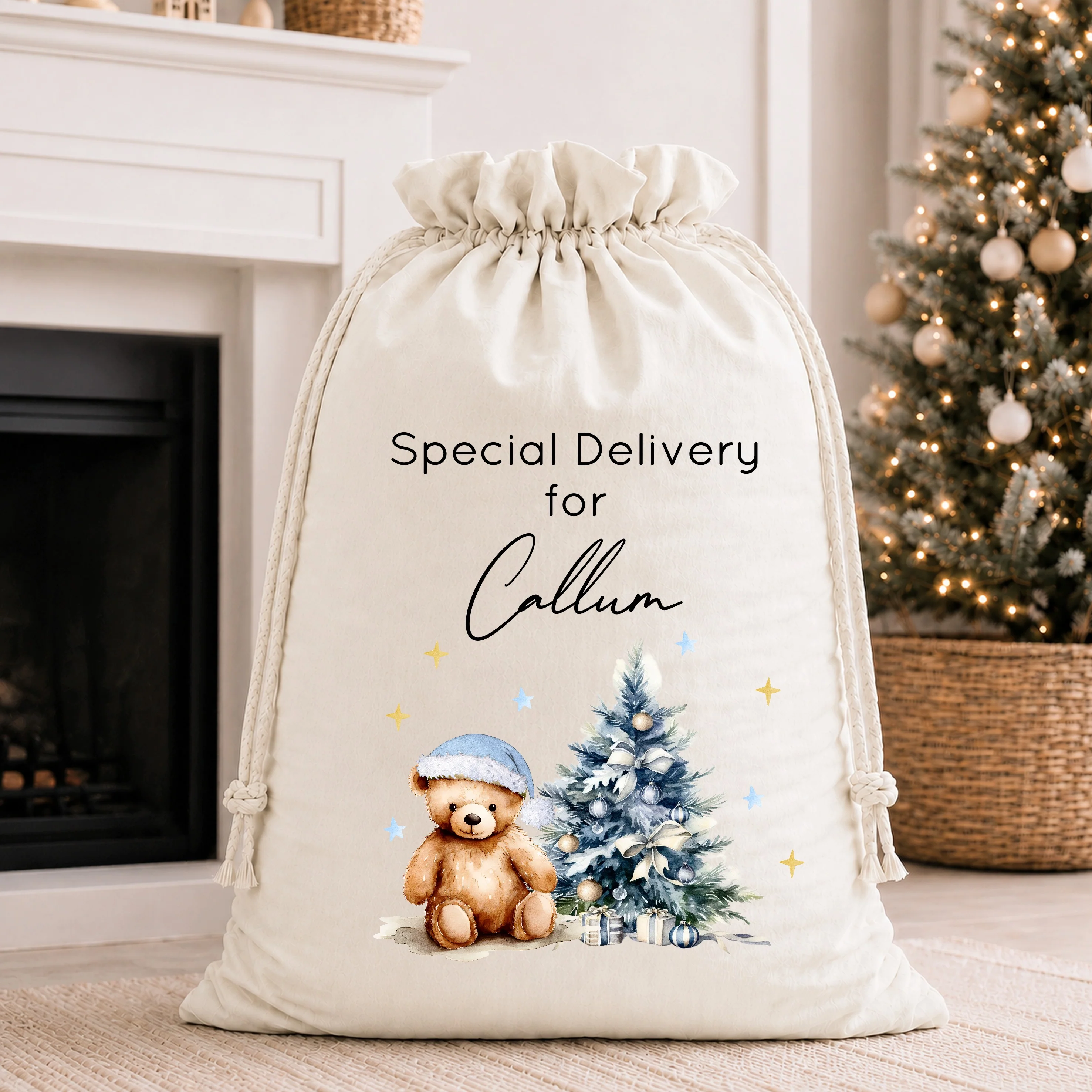 Personalised Blue Teddy Christmas Tree Santa Sack or Stocking - Image 2