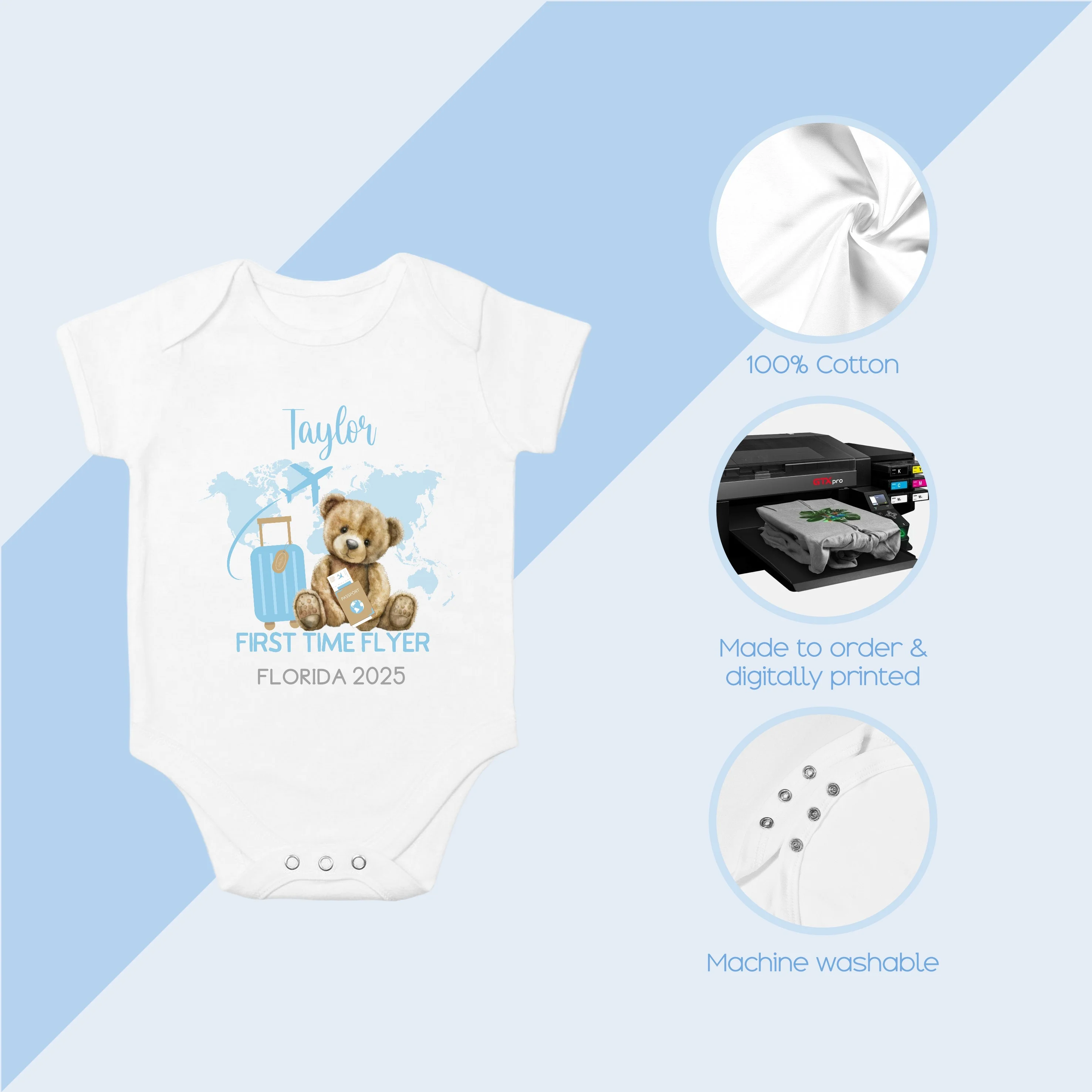 Personalised Blue Teddy First Time Flyer Baby Vest/T-shirt - Image 6