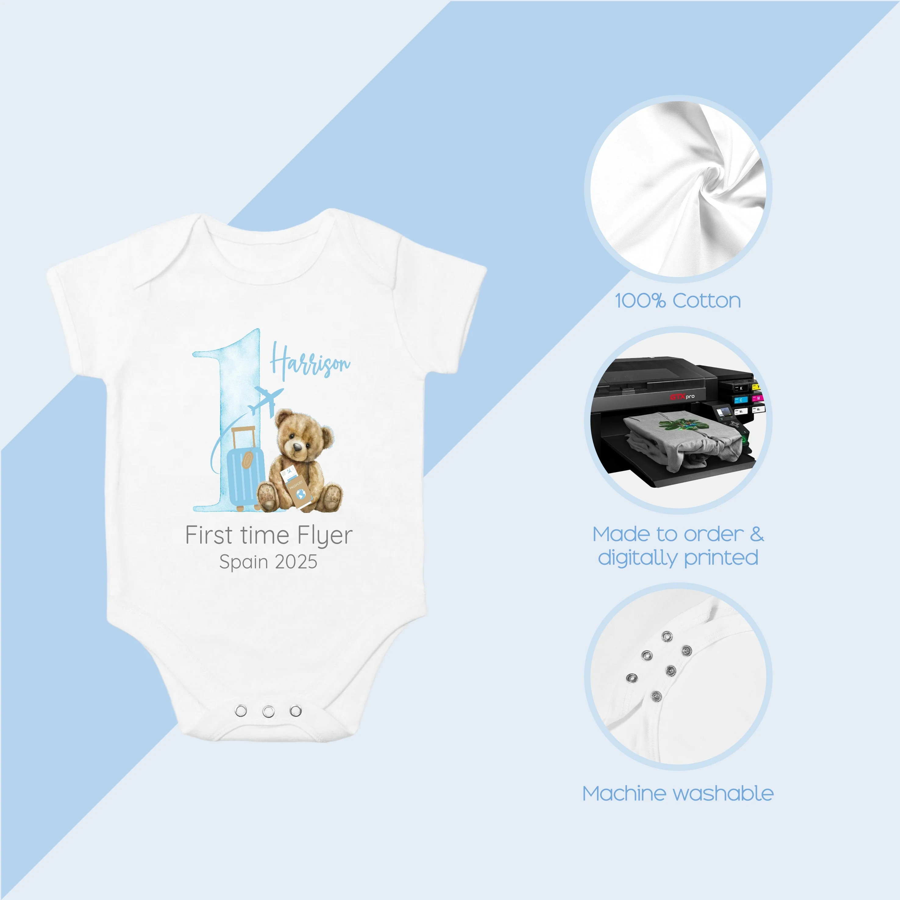 Personalised Blue Teddy Suitcase 1st Time Flyer Baby Vest/T-shirt - Image 6