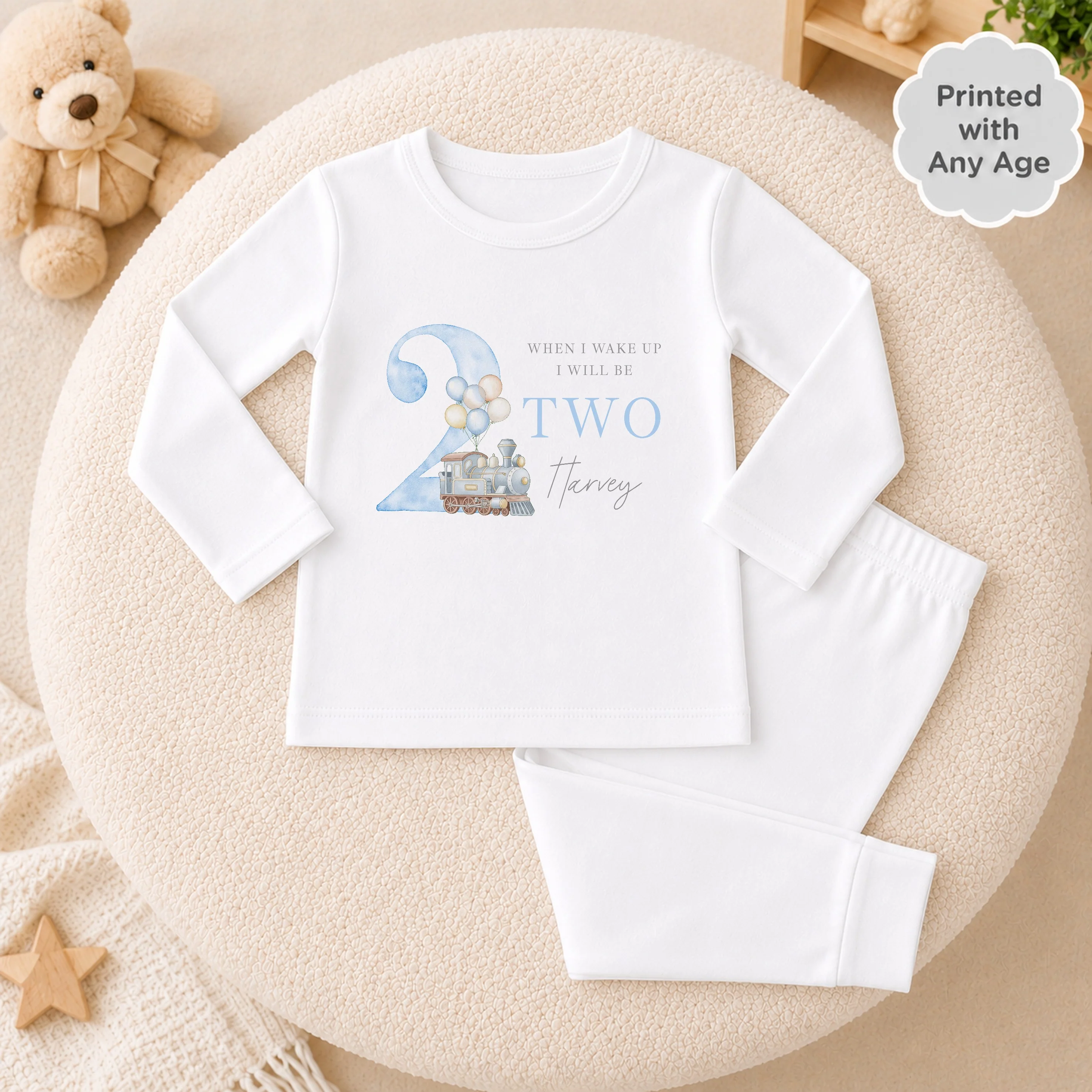 Personalised Blue Train Any Age Birthday Pyjamas - Image 2