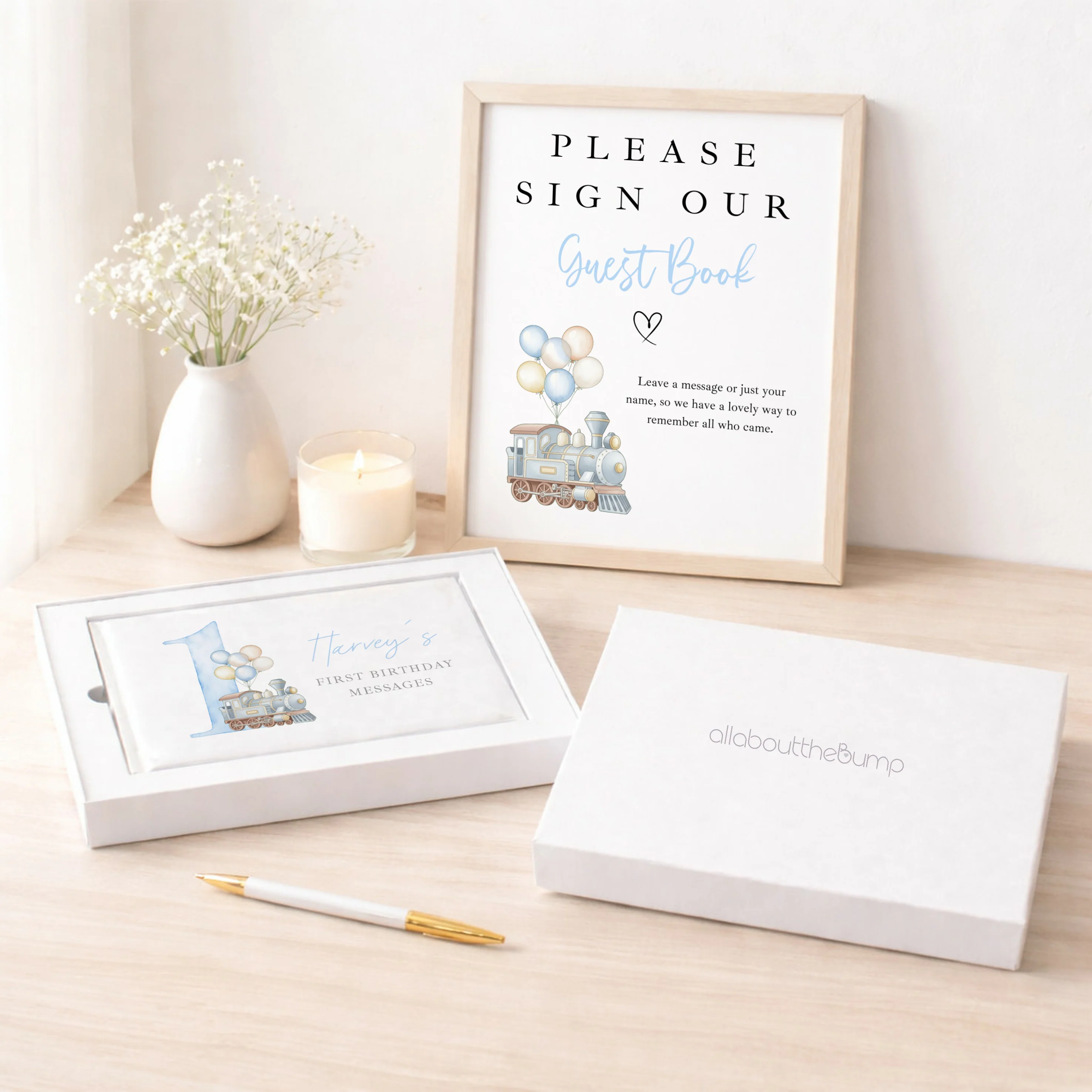 Personalised Blue Train First Birthday Guest Book - Image 2