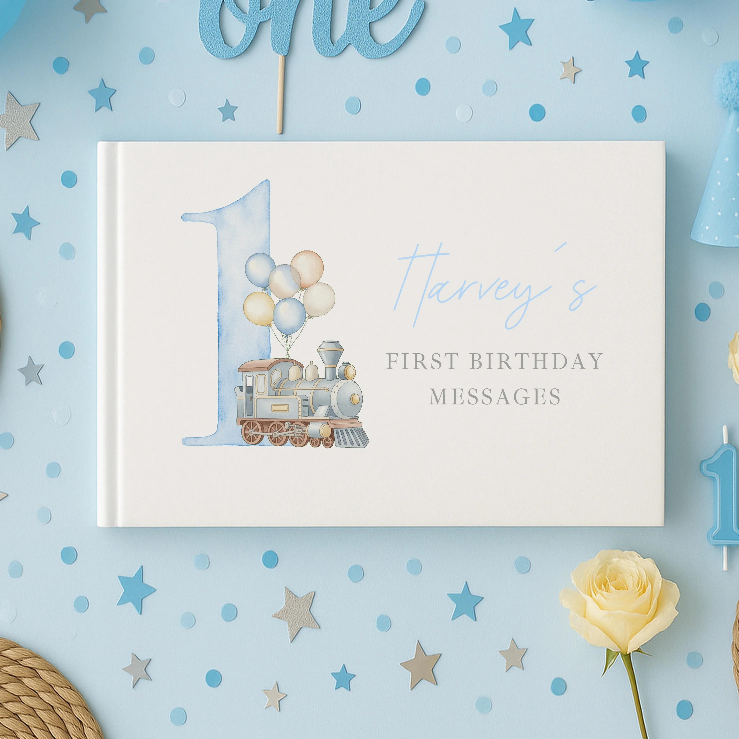 Personalised Blue Train First Birthday Guest Book - Image 5