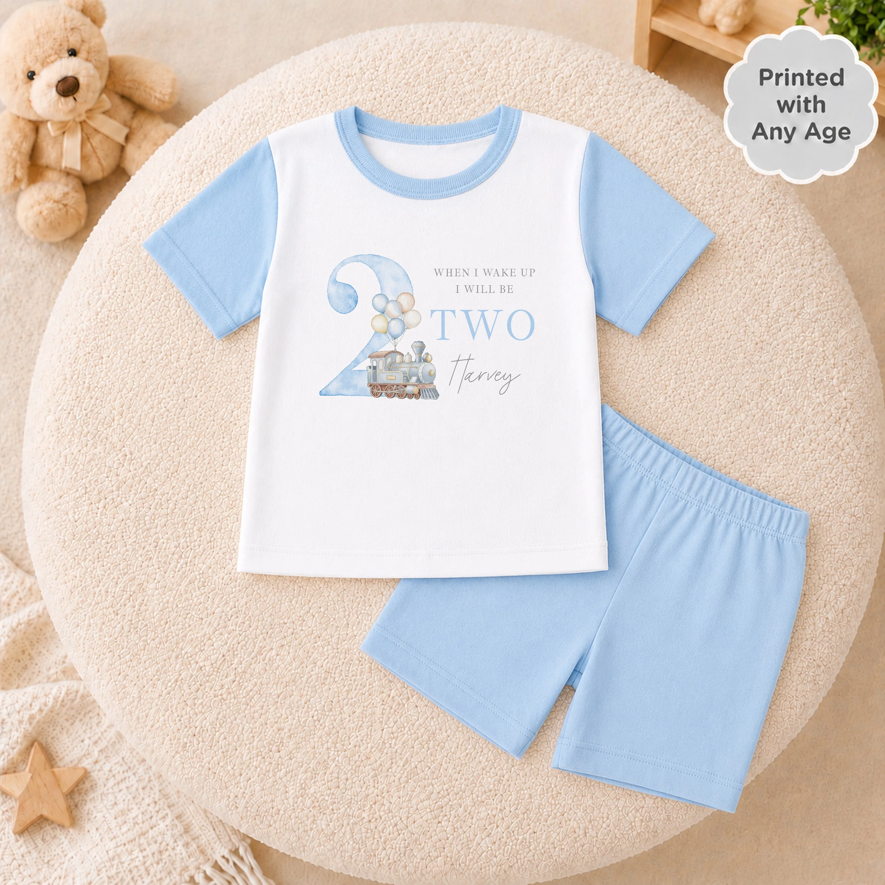 Personalised Blue Train Short Sleeve Birthday Pyjamas