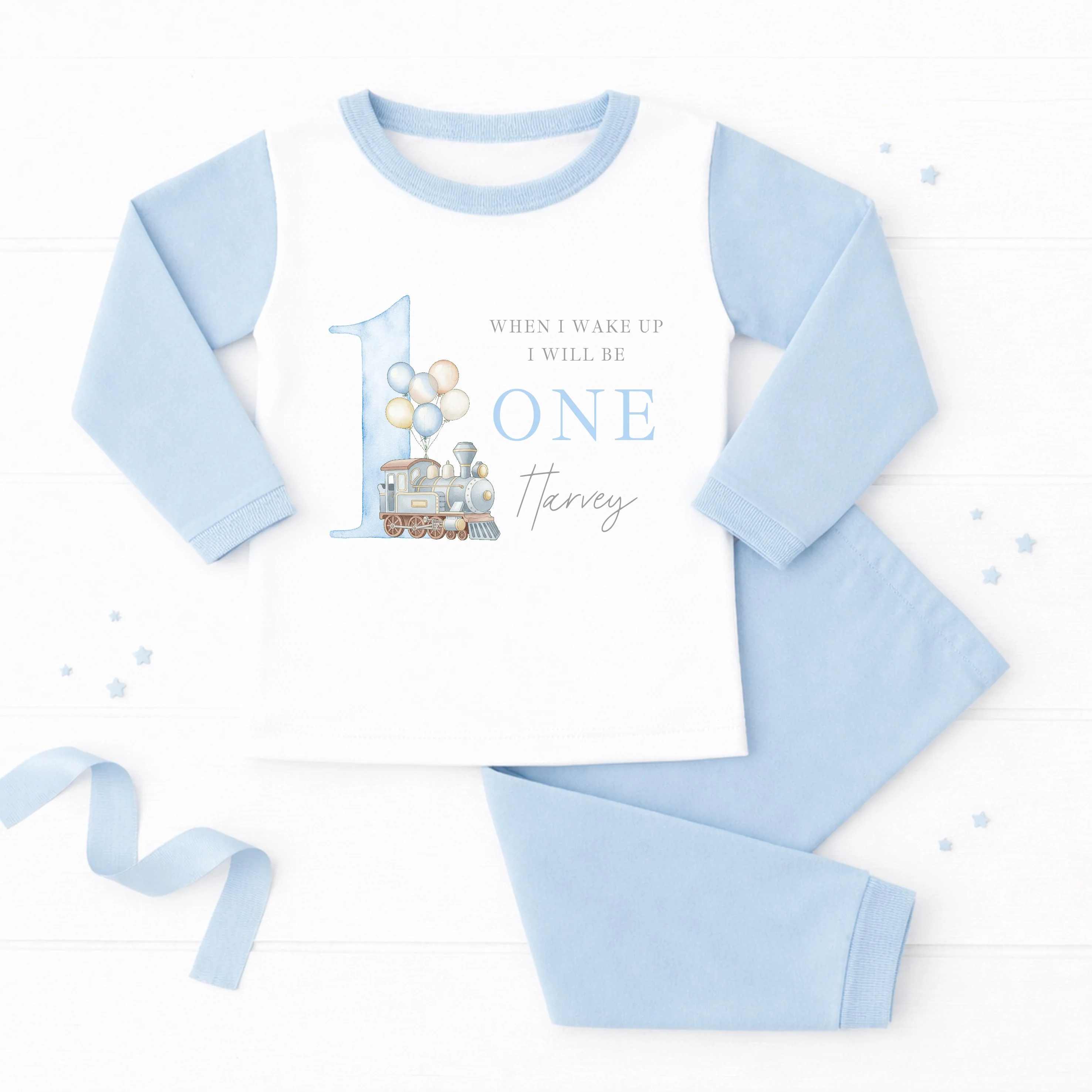 Personalised Blue Train When I Wake Up I Will Be One First Birthday Pyjamas - Image 3