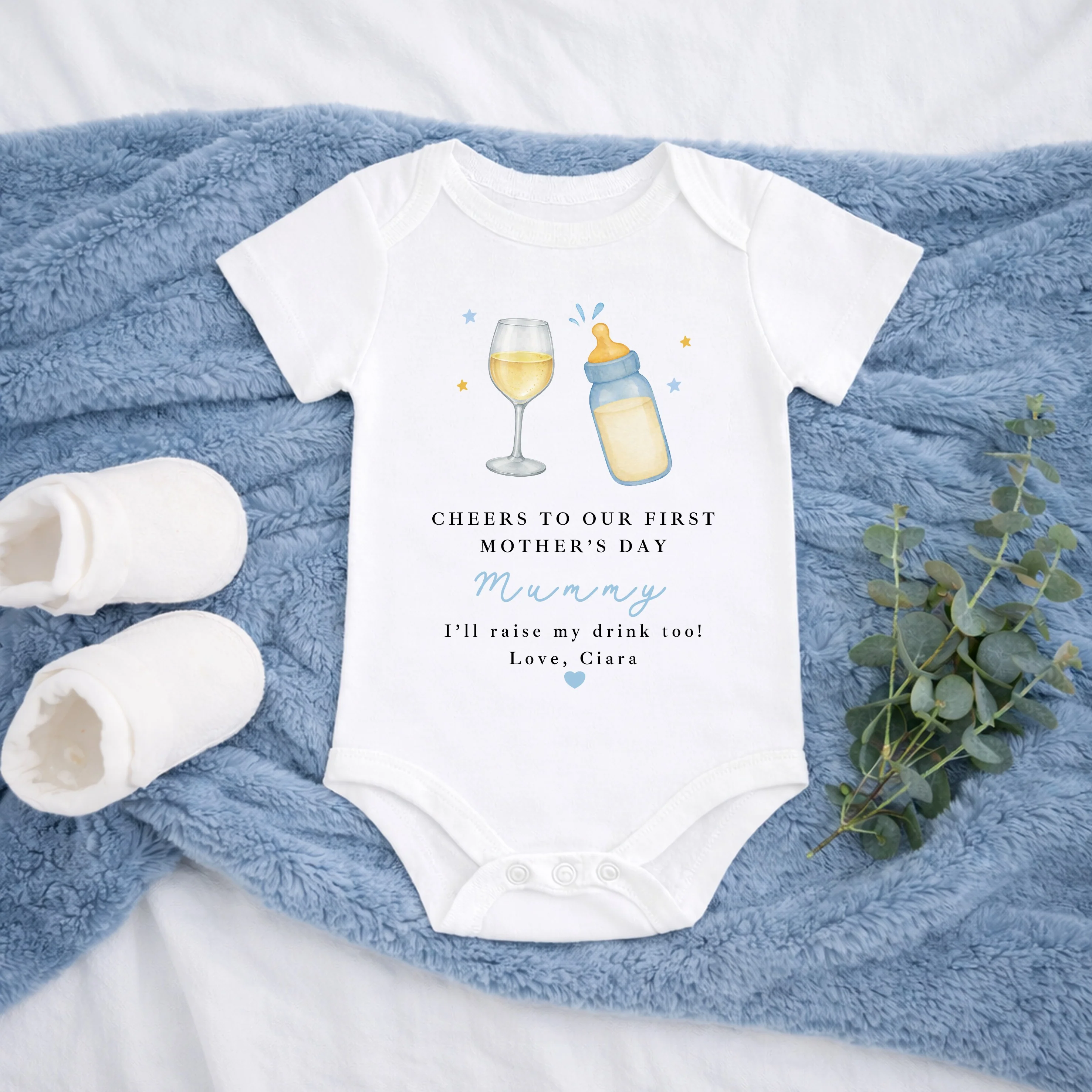 Personalised Blue Wine Cheers Our First Mother's Day Baby Grow, Vest or Bib - Image 4