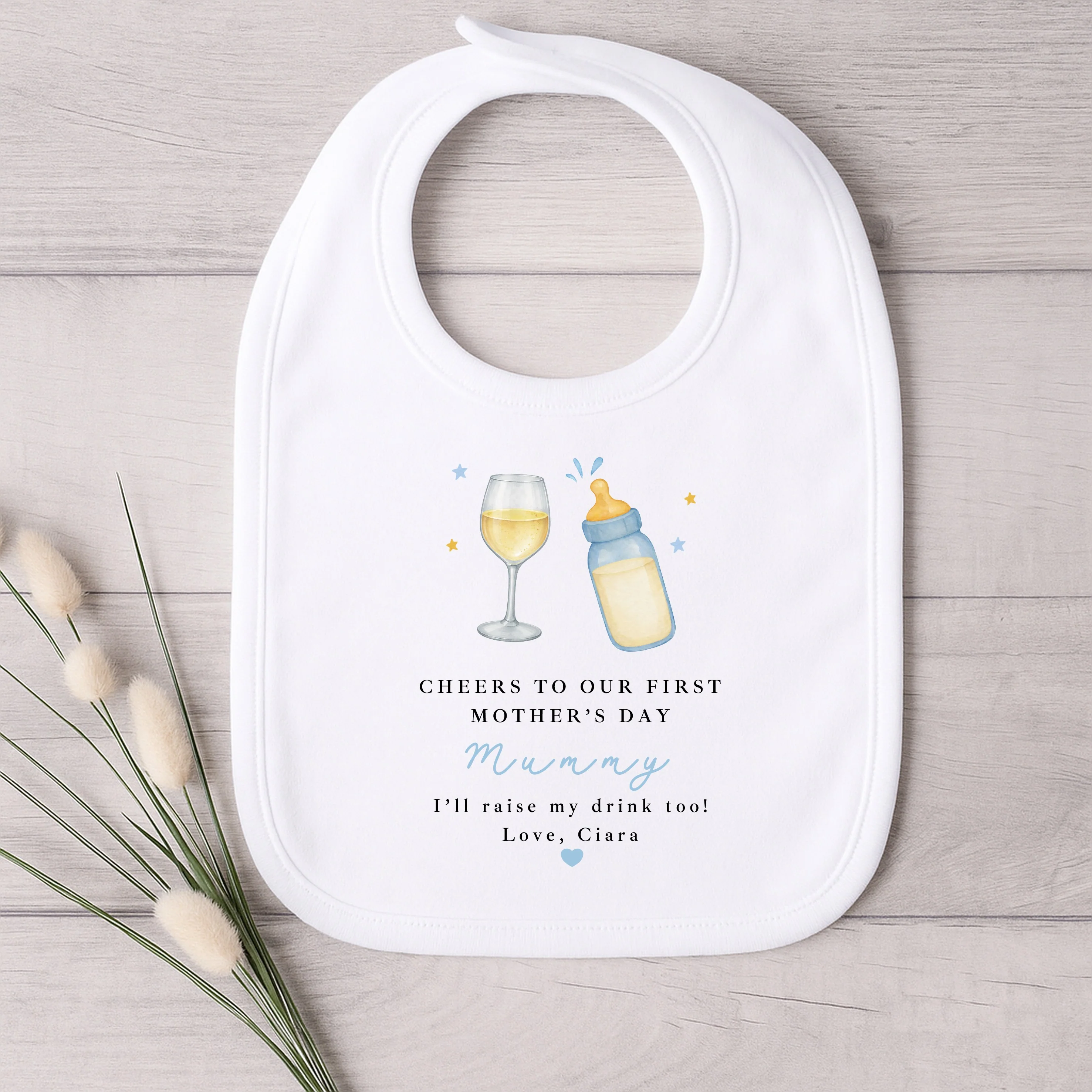 Personalised Blue Wine Cheers Our First Mother's Day Baby Grow, Vest or Bib - Image 5