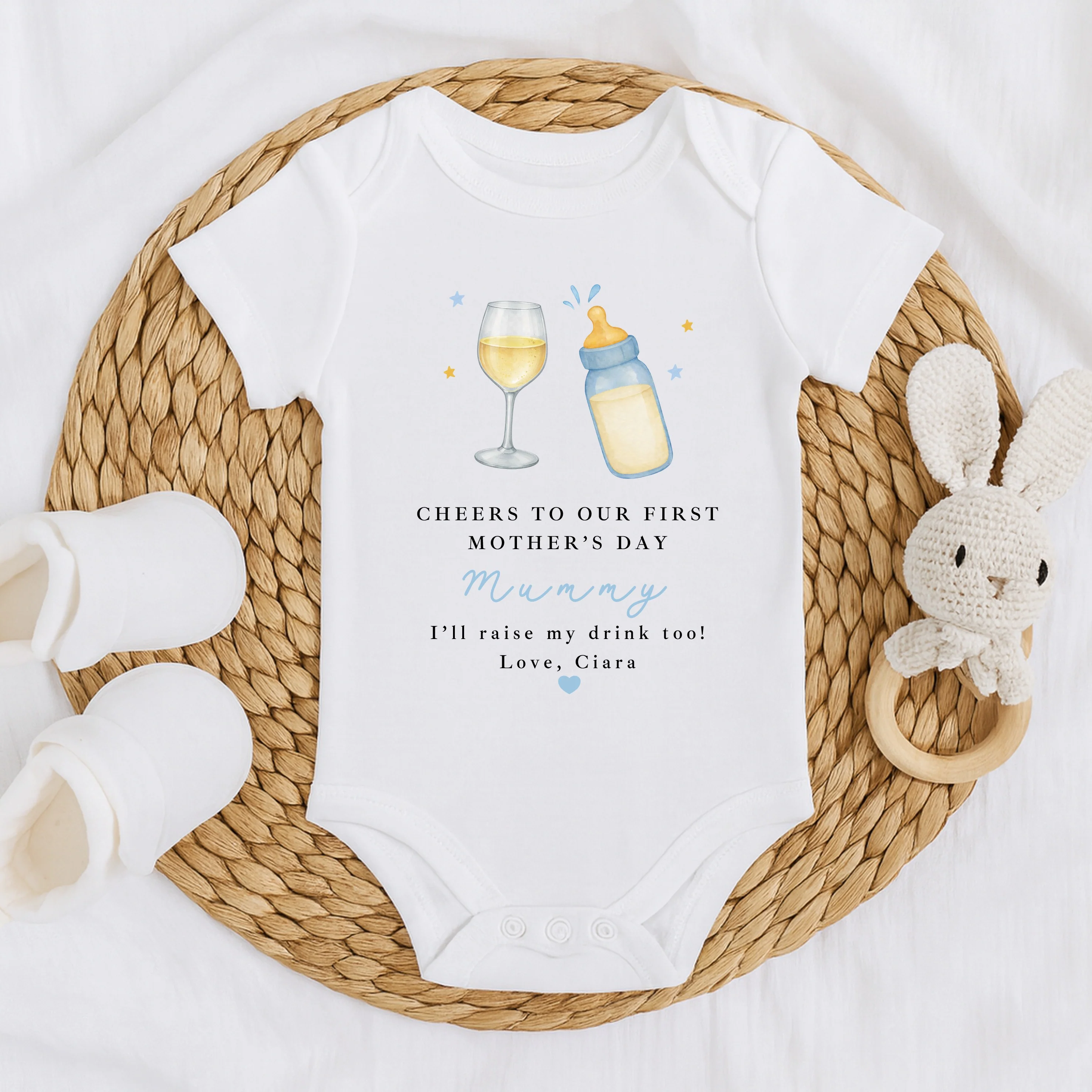Personalised Blue Wine Cheers Our First Mother's Day Baby Grow, Vest or Bib - Image 6