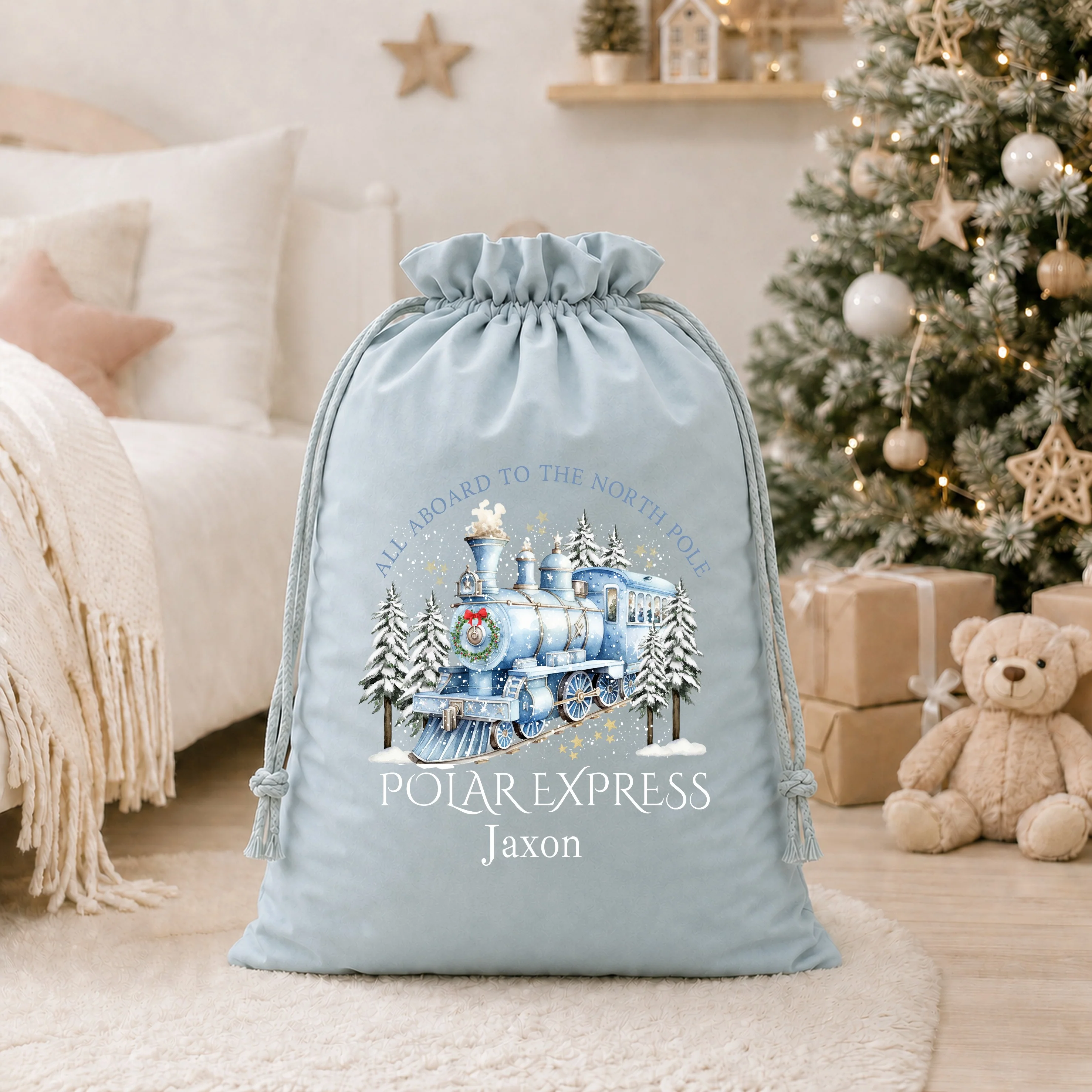 Personalised Blue Winter Train Santa Sackk & Stocking