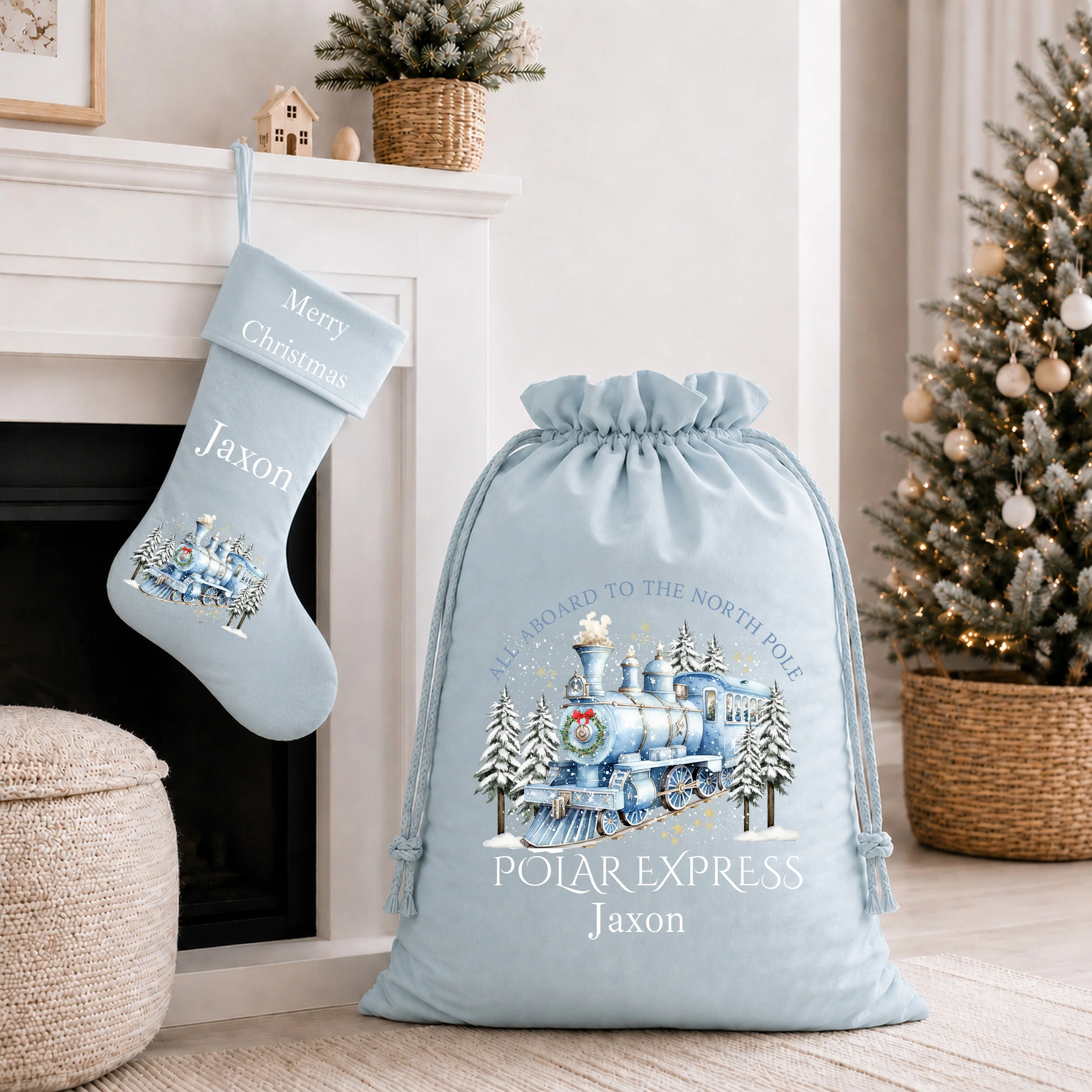 Personalised Blue Winter Train Santa Sackk & Stocking - Image 2