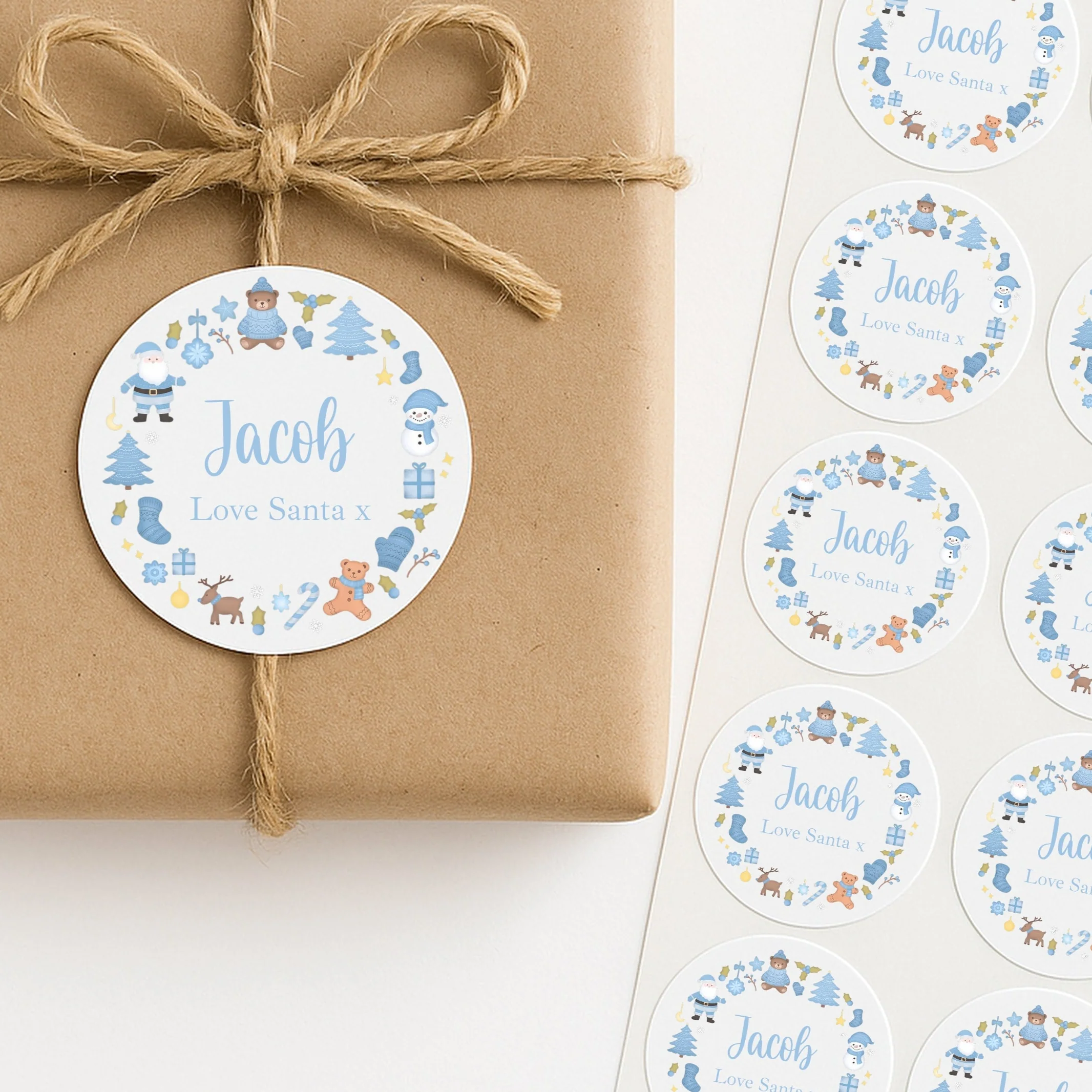 Personalised Blue Wreath Christmas Stickers