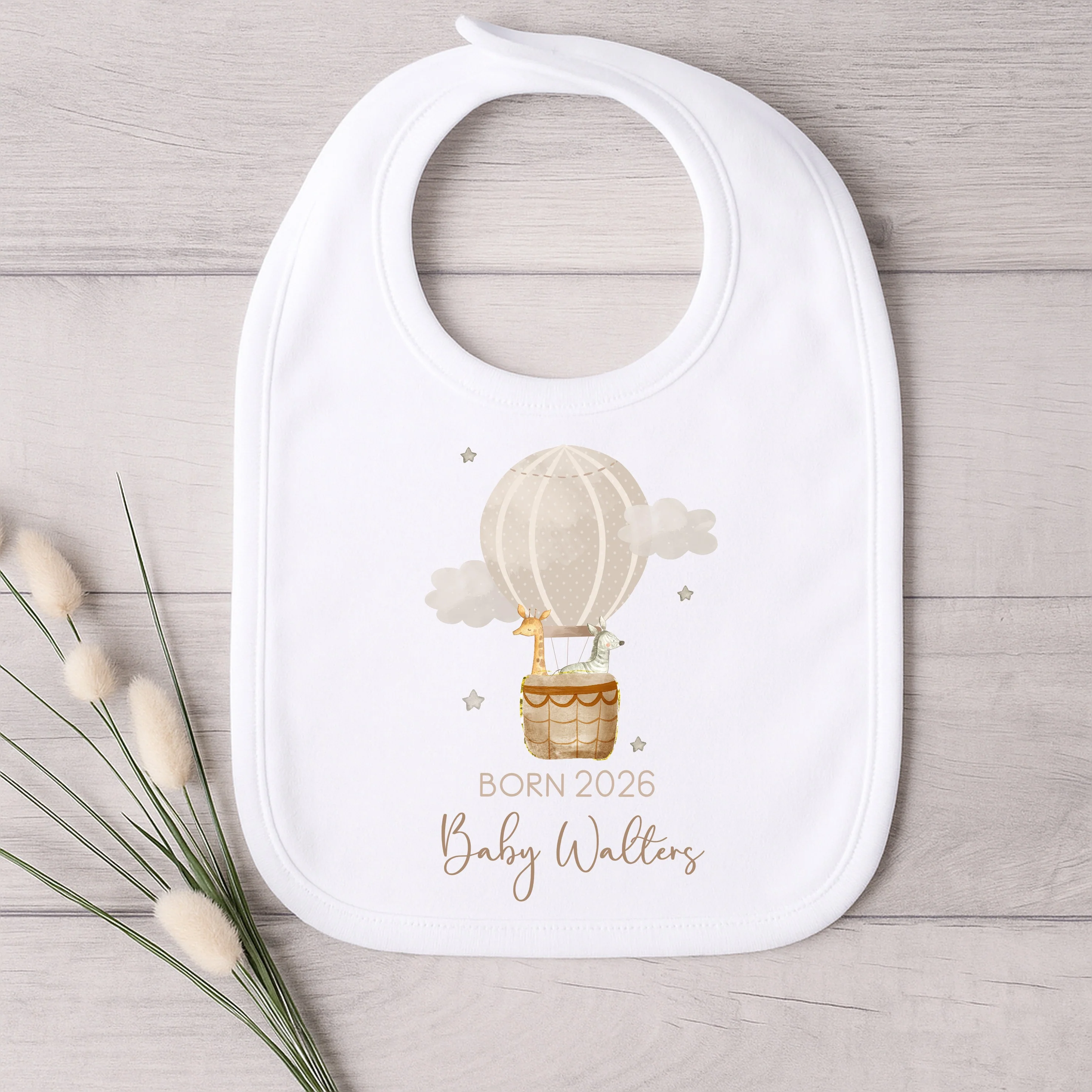 Personalised Born in 2026 Beige Hotair Balloon Baby Grow, Vest or Bib - Image 2