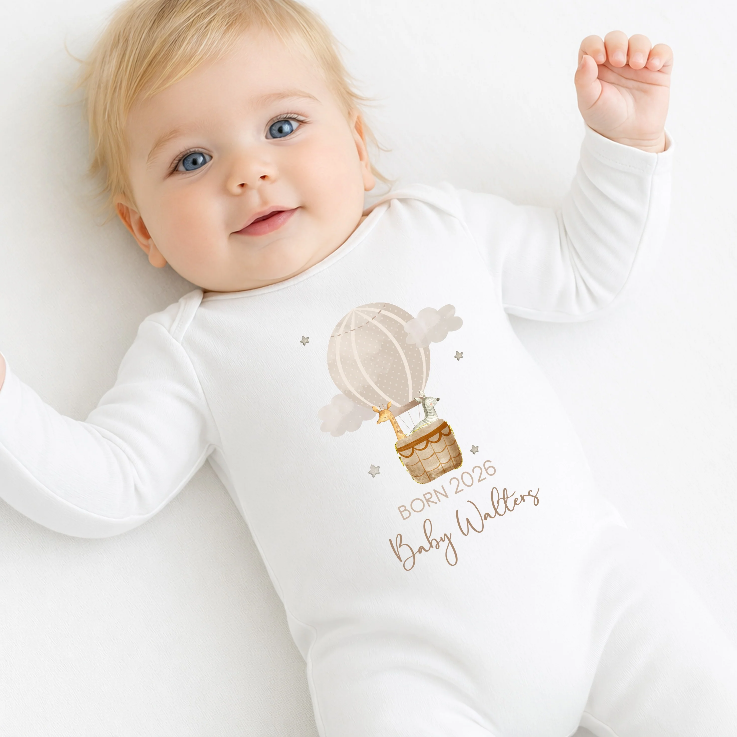 Personalised Born in 2026 Beige Hotair Balloon Baby Grow, Vest or Bib - Image 3