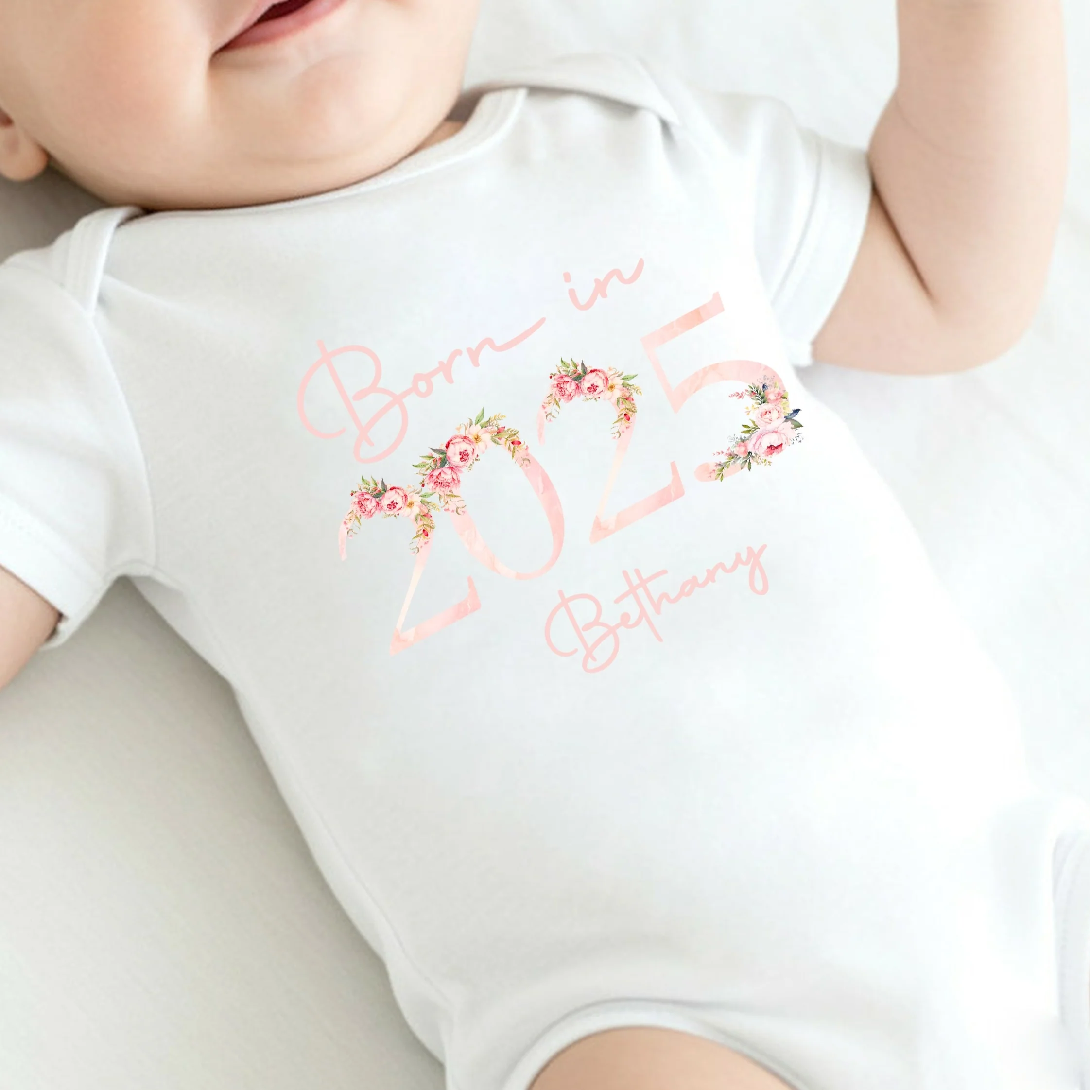 Personalised Born in 2025 Floral Pink Babygrow/Vest