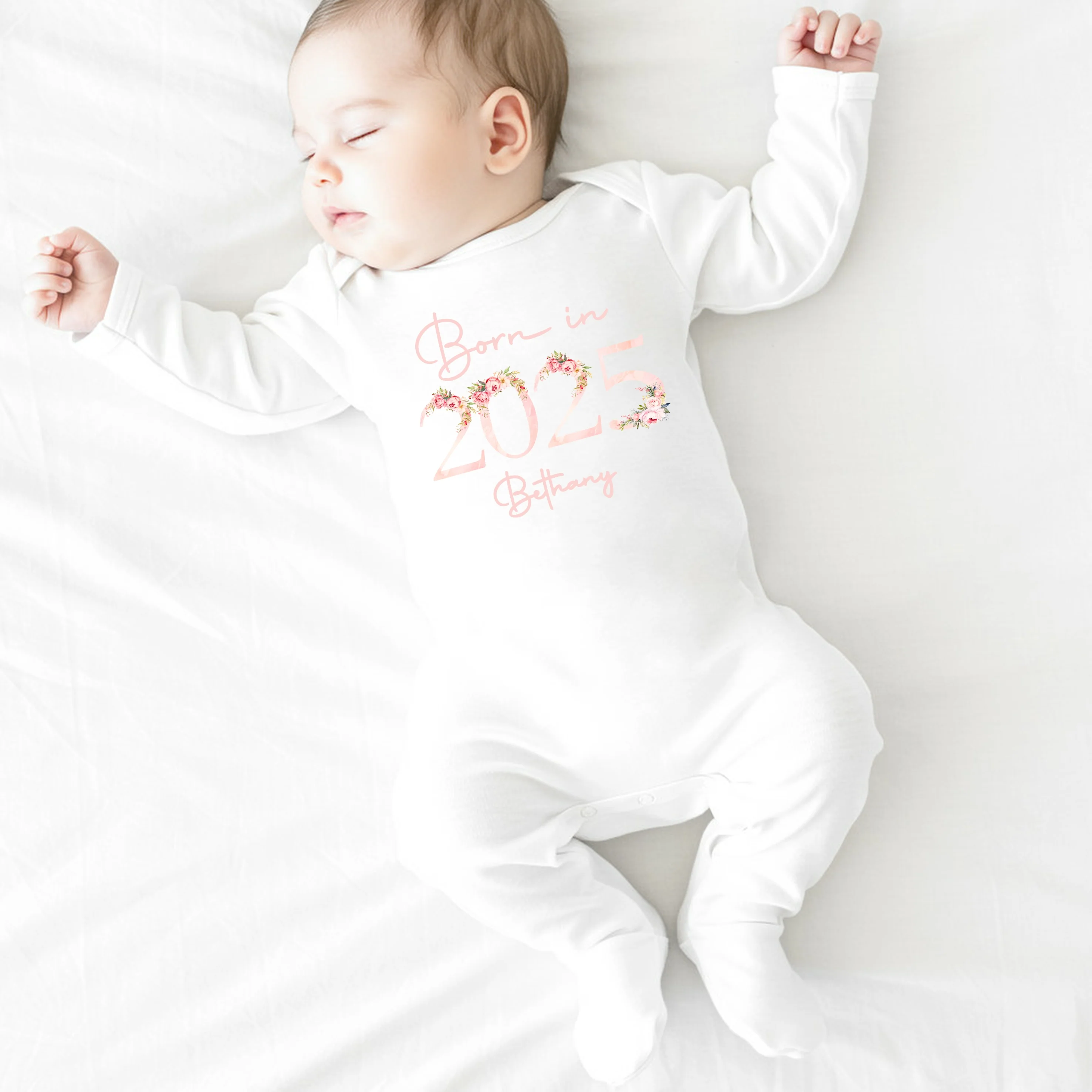 Personalised Born in 2025 Floral Pink Babygrow/Vest - Image 2
