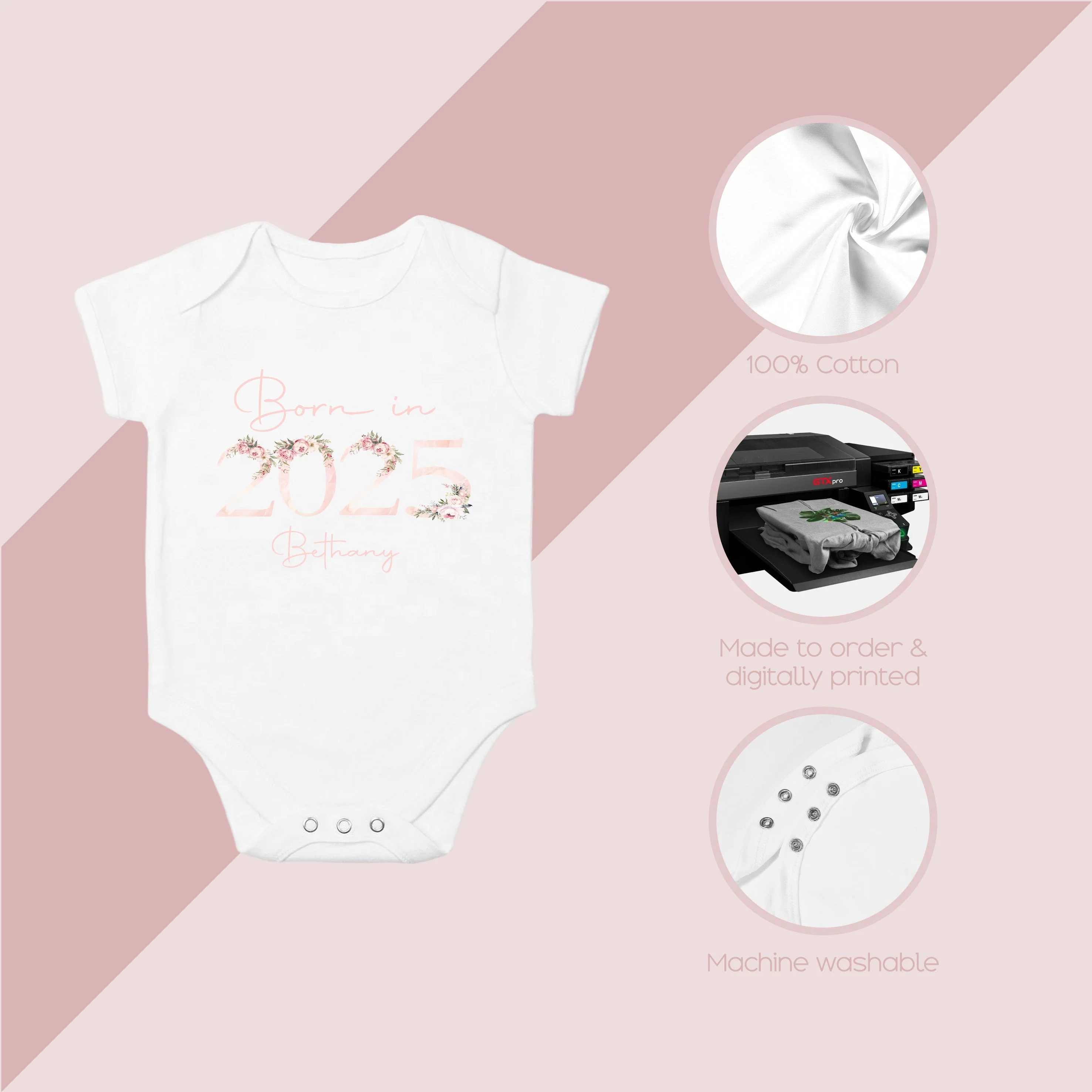 Personalised Born in 2025 Floral Pink Babygrow/Vest - Image 3