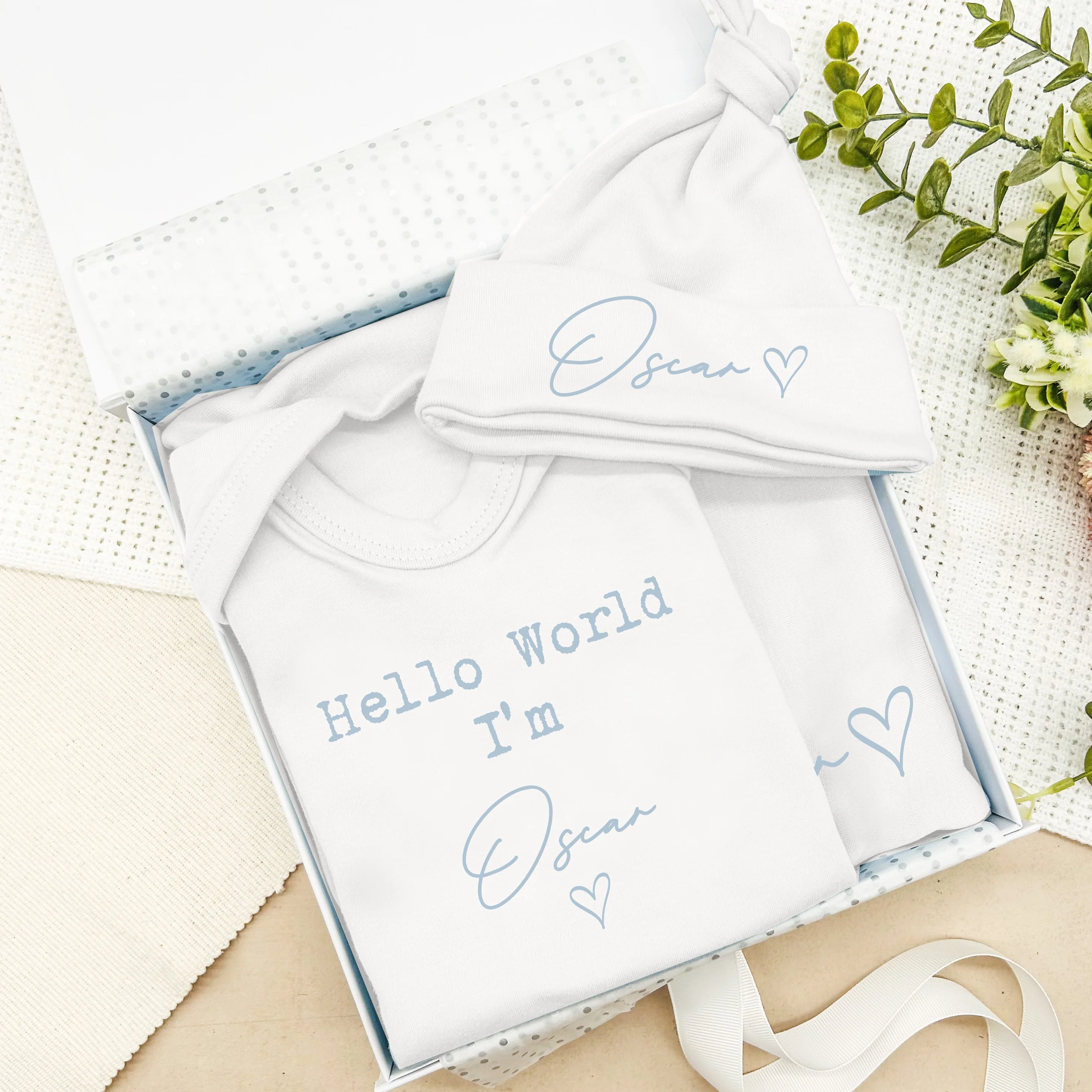 Personalised Boys Baby Script Name Clothing Optional Hamper Gift Set