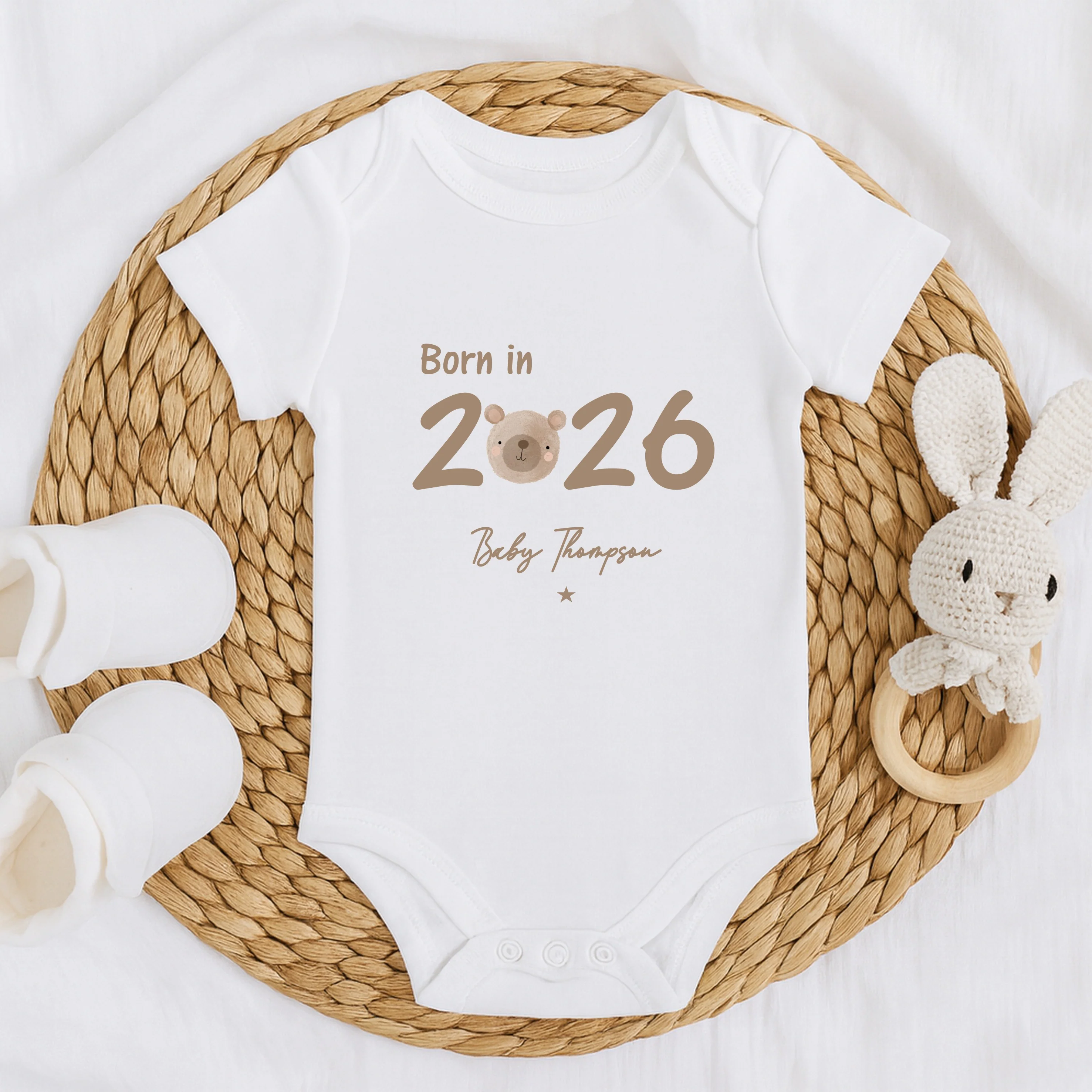 Personalised Brown Bear Born in 2026 Baby Grow, Vest or Bib - Image 3