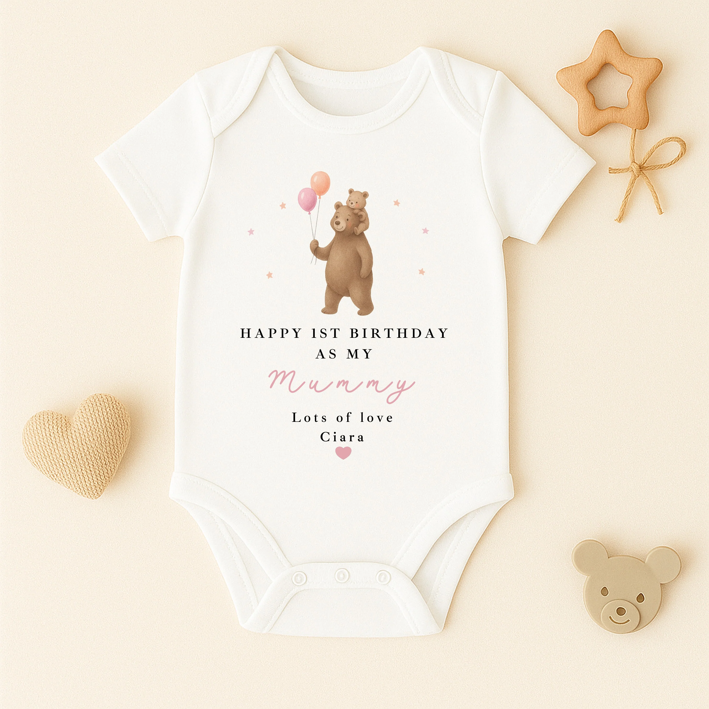 Personalised Brown Bear Happy First Birthday As My Mummy Baby Grow or Vest - Image 4