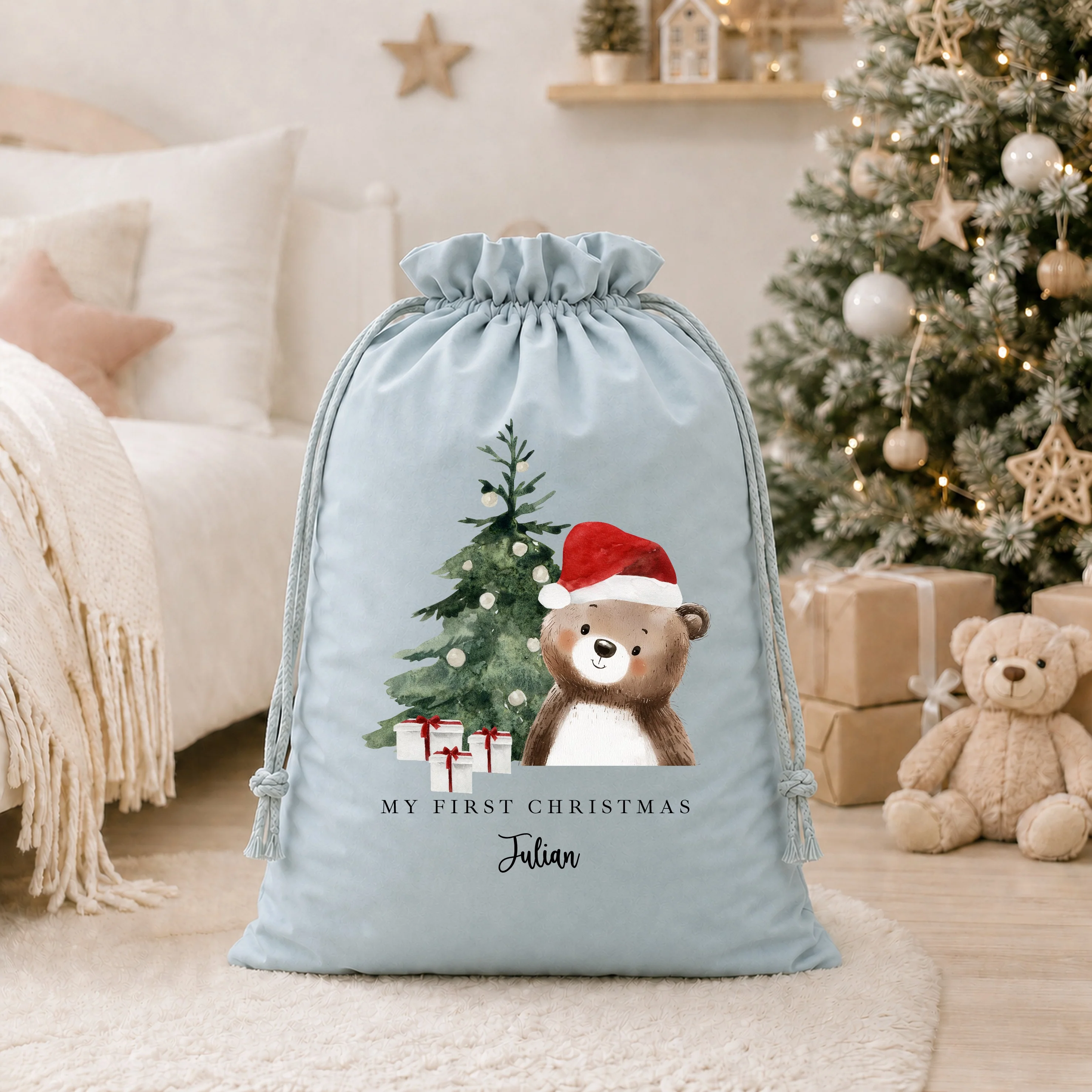 Personalised Brown Bear My First Christmas Santa Sack or Stocking - Image 2