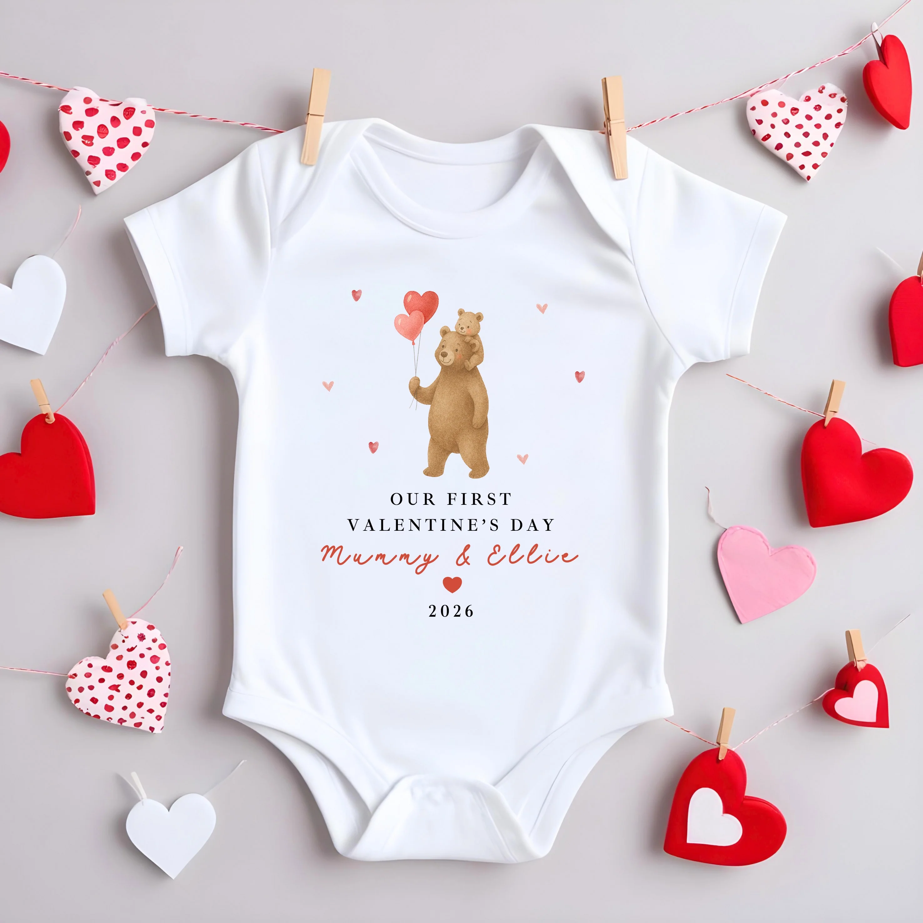 Personalised Brown Bears Our First Valentines Day Baby Grow, Vest or Bib - Image 2