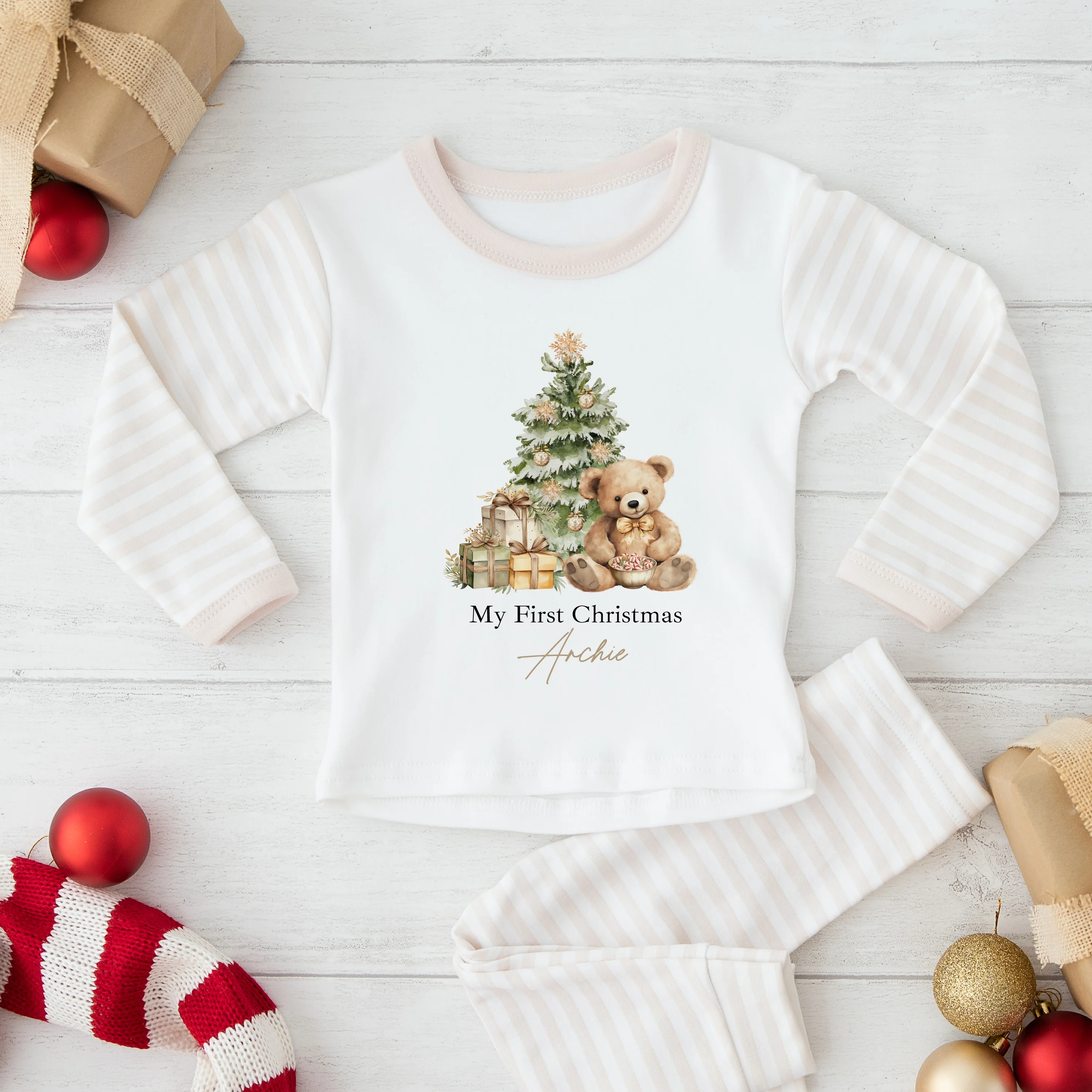 Personalised Brown Teddy Beige Stripe Christmas Pyjamas - Image 2