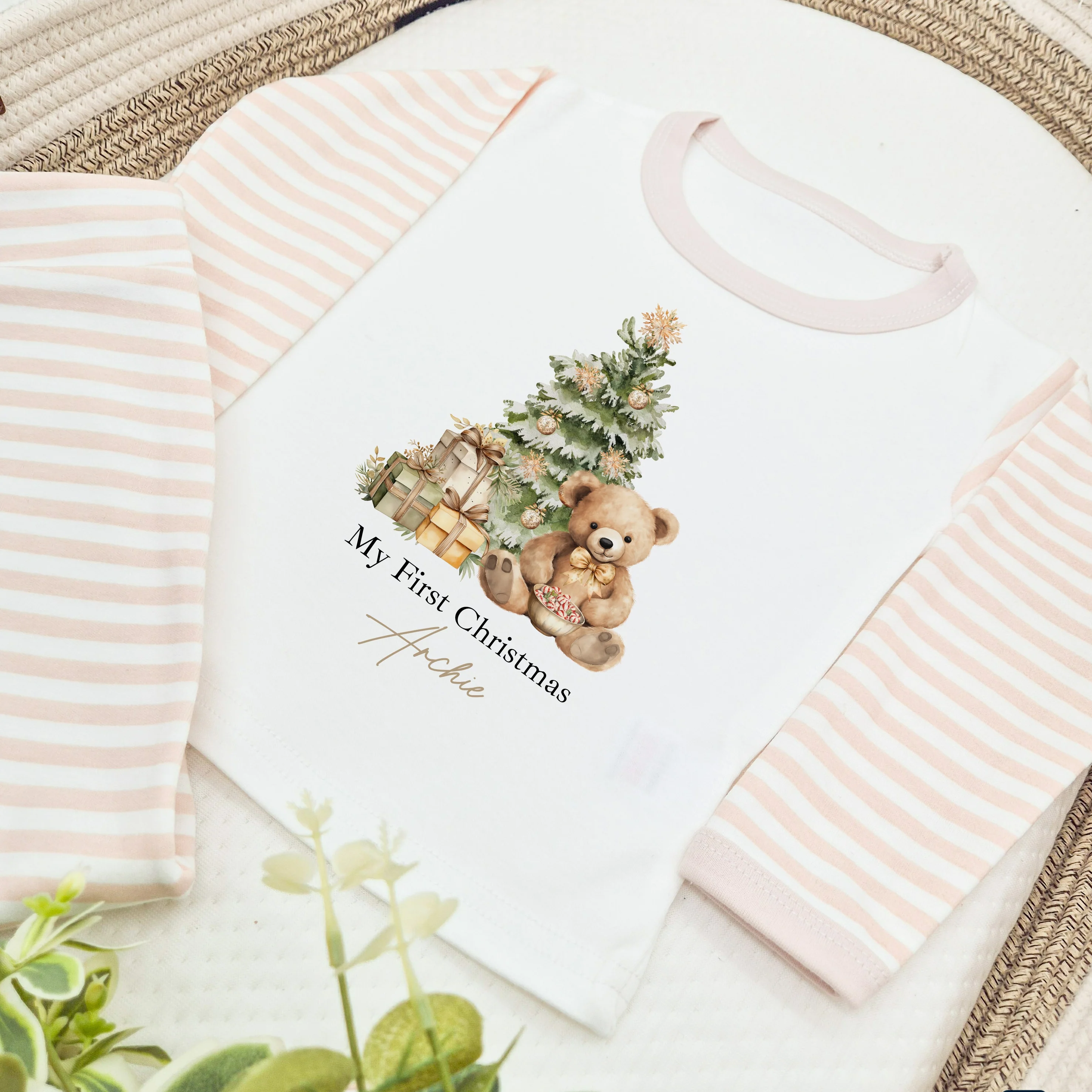 Personalised Brown Teddy Beige Stripe Christmas Pyjamas - Image 4