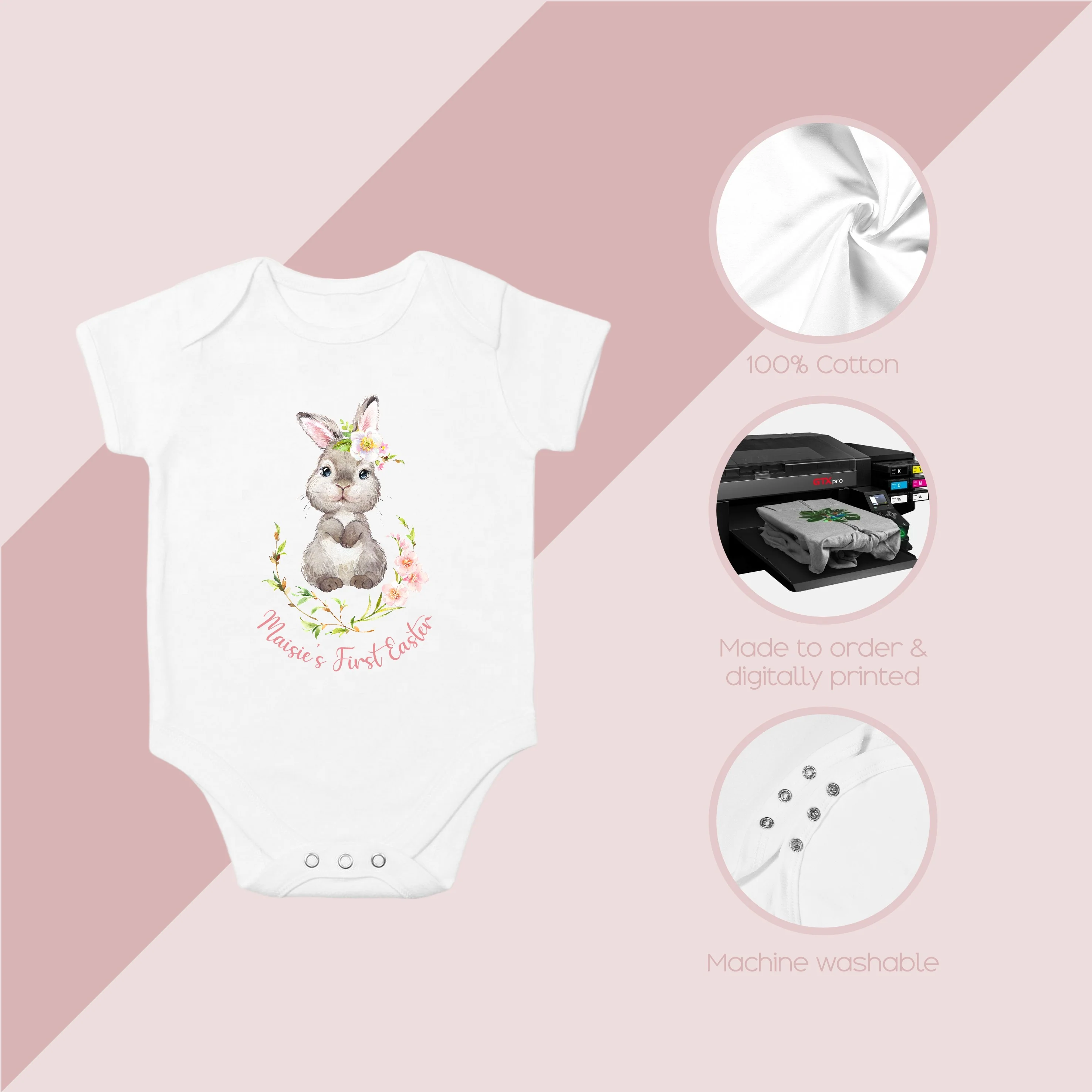 Personalised Bunny Floral Wreath Babygrow/Baby Vest - Image 3