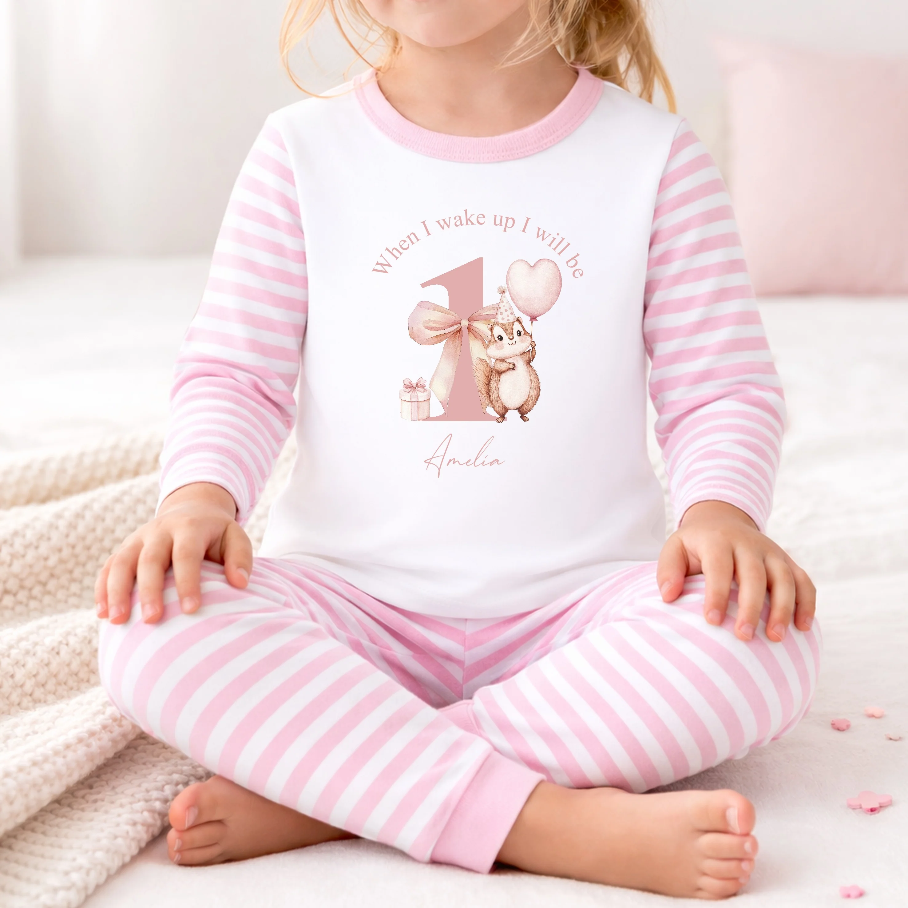 Personalised Chipmunk When I Wake Up I Will Be 1 Pink First Birthday Pyjamas - Image 3