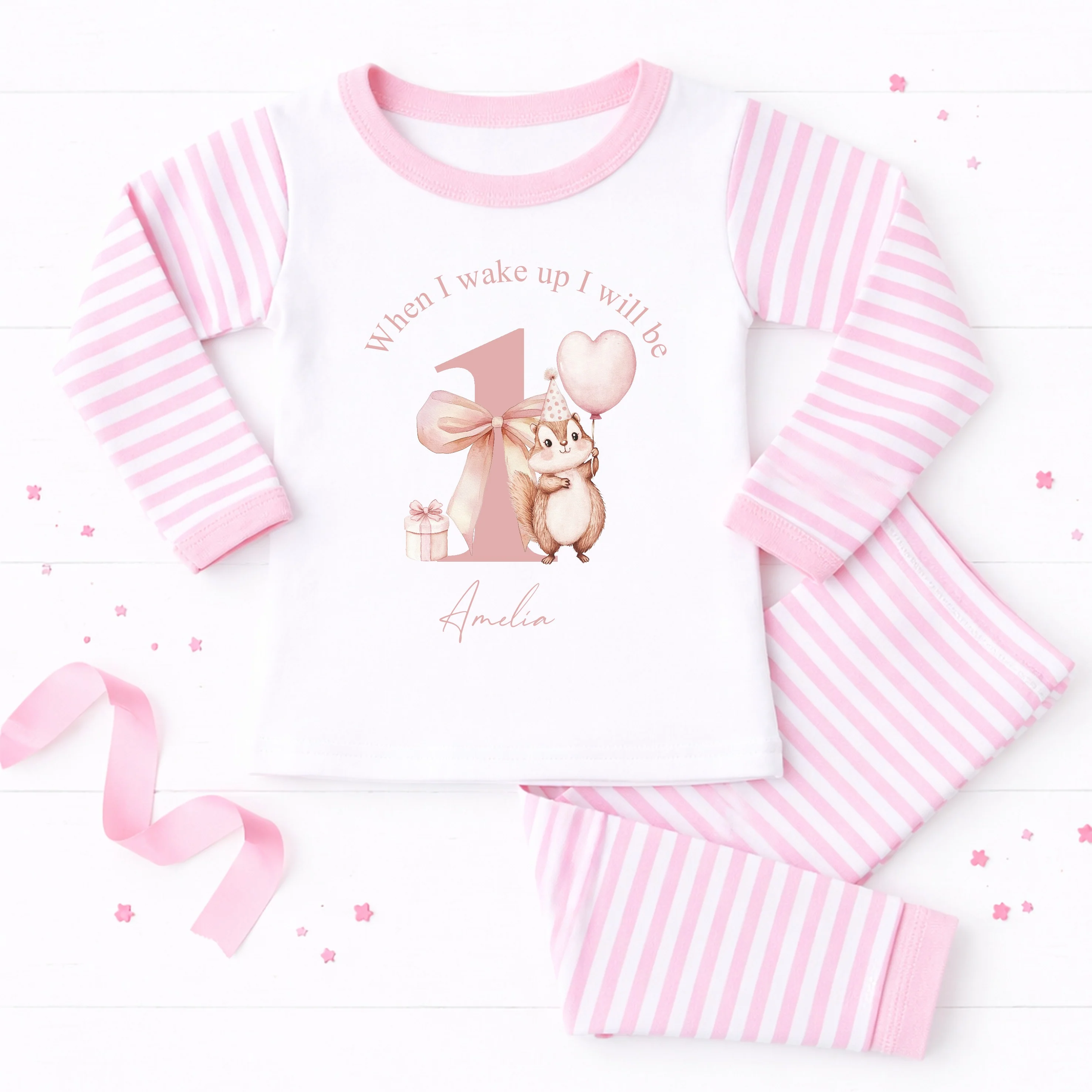 Personalised Chipmunk When I Wake Up I Will Be 1 Pink First Birthday Pyjamas - Image 6