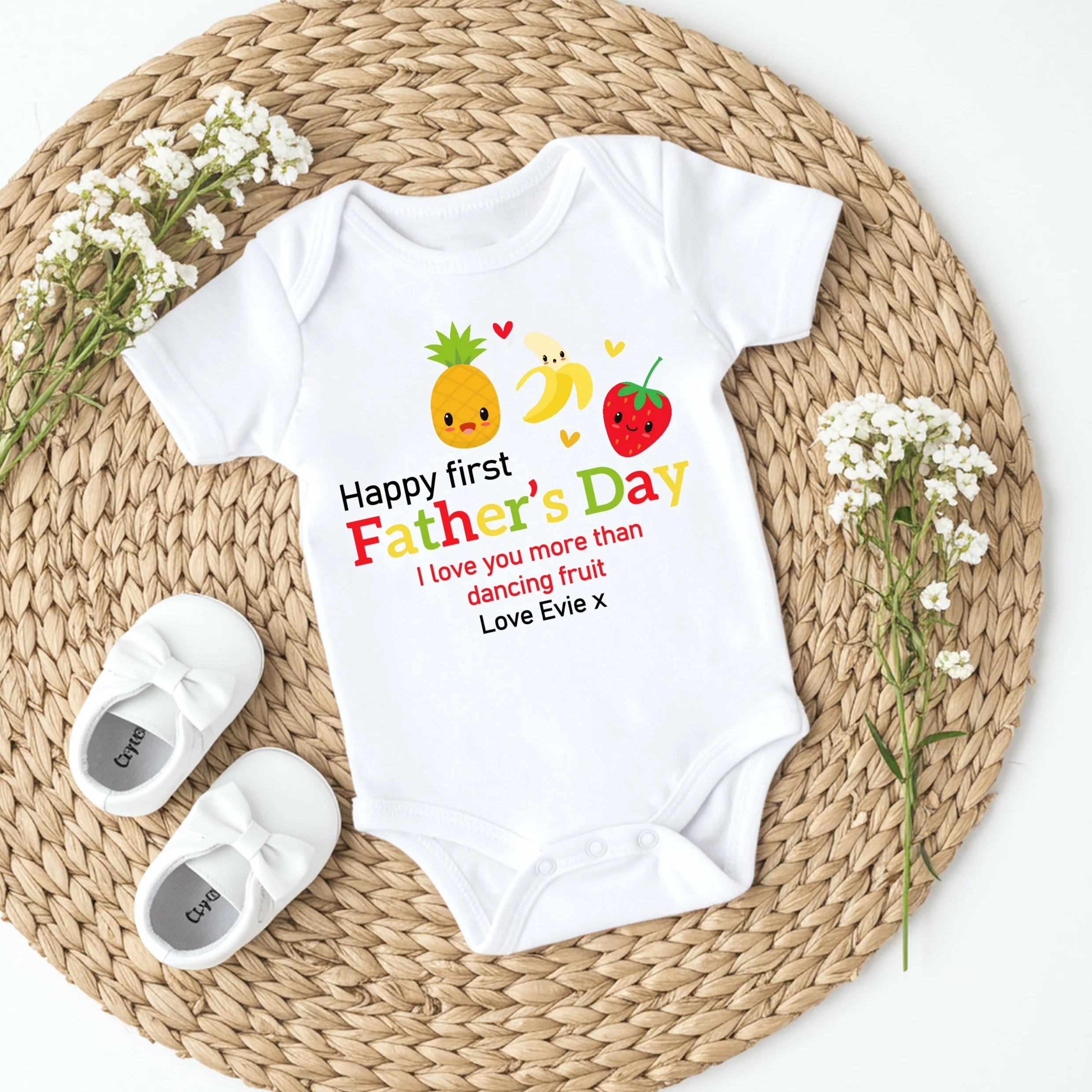 Personalised Dancing Fruit Happy First Father's Day Baby Grow or Vest - Image 3