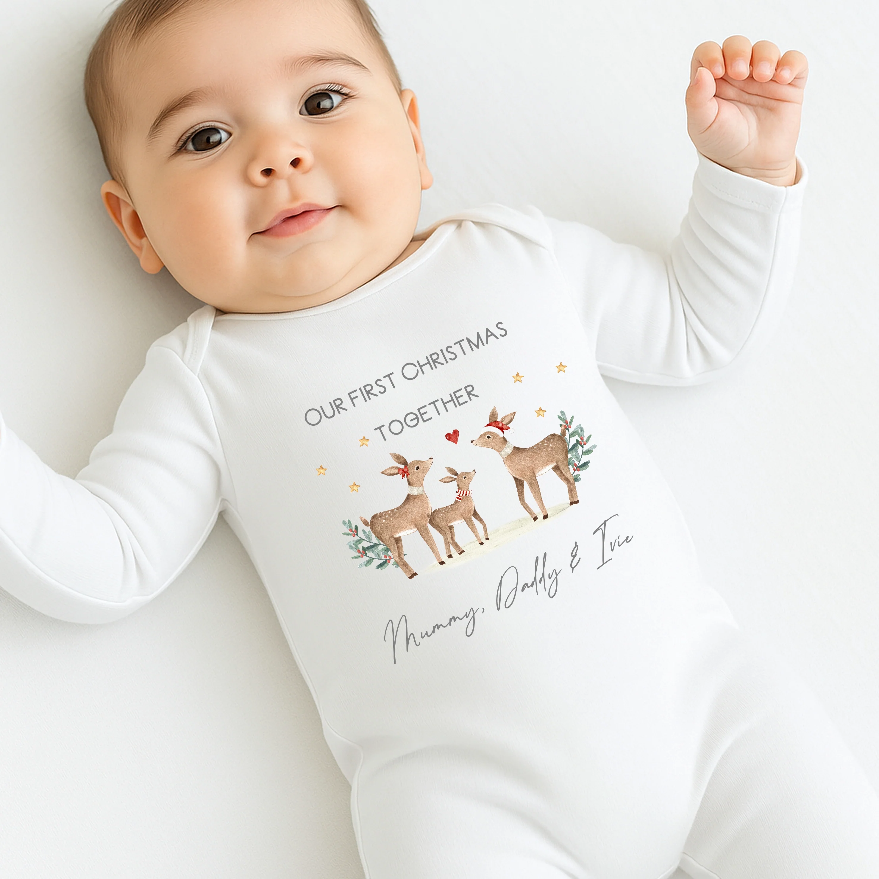 Personalised Deer First Christmas As A Family Baby Grow/Vest/Bib