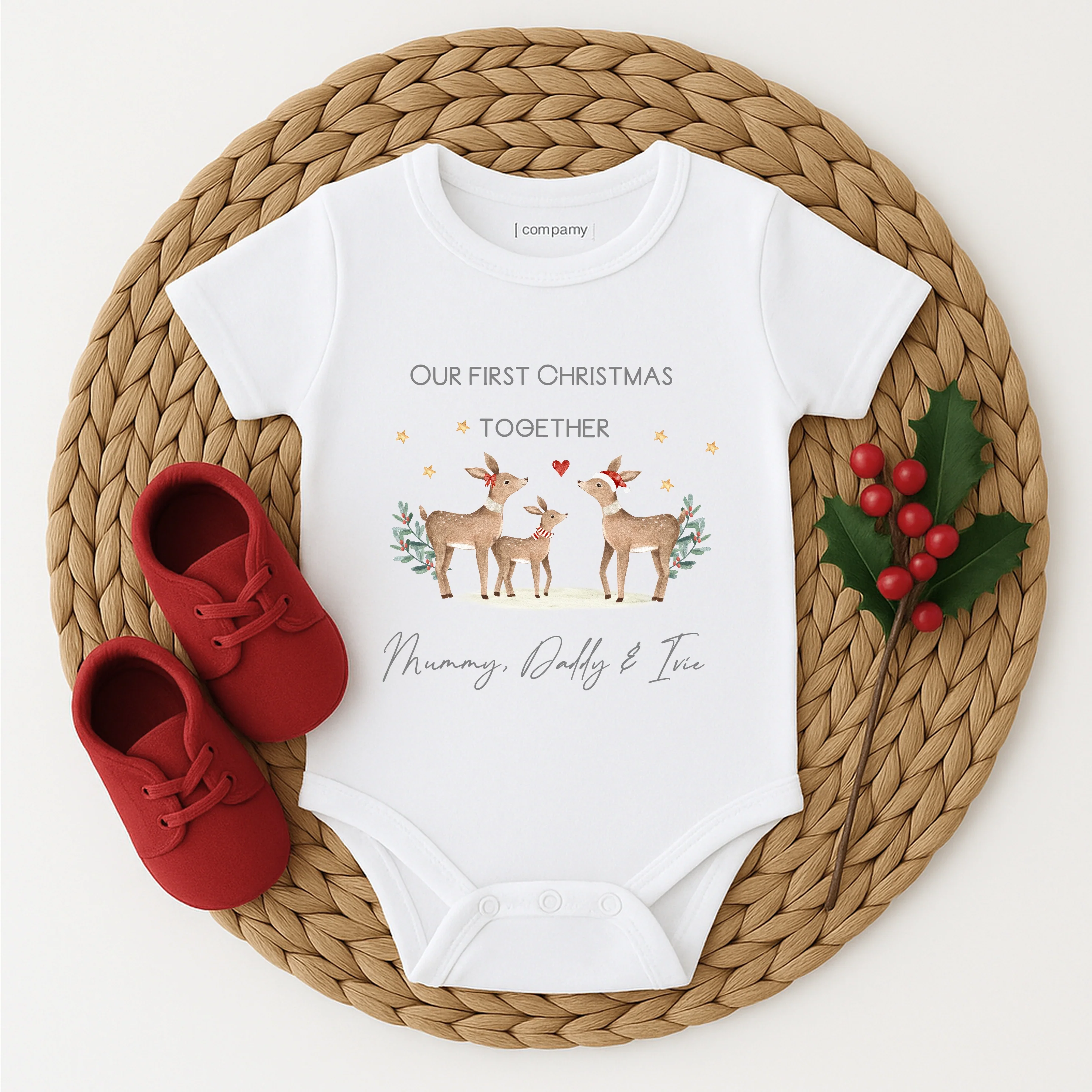 Personalised Deer First Christmas As A Family Baby Grow/Vest/Bib - Image 3