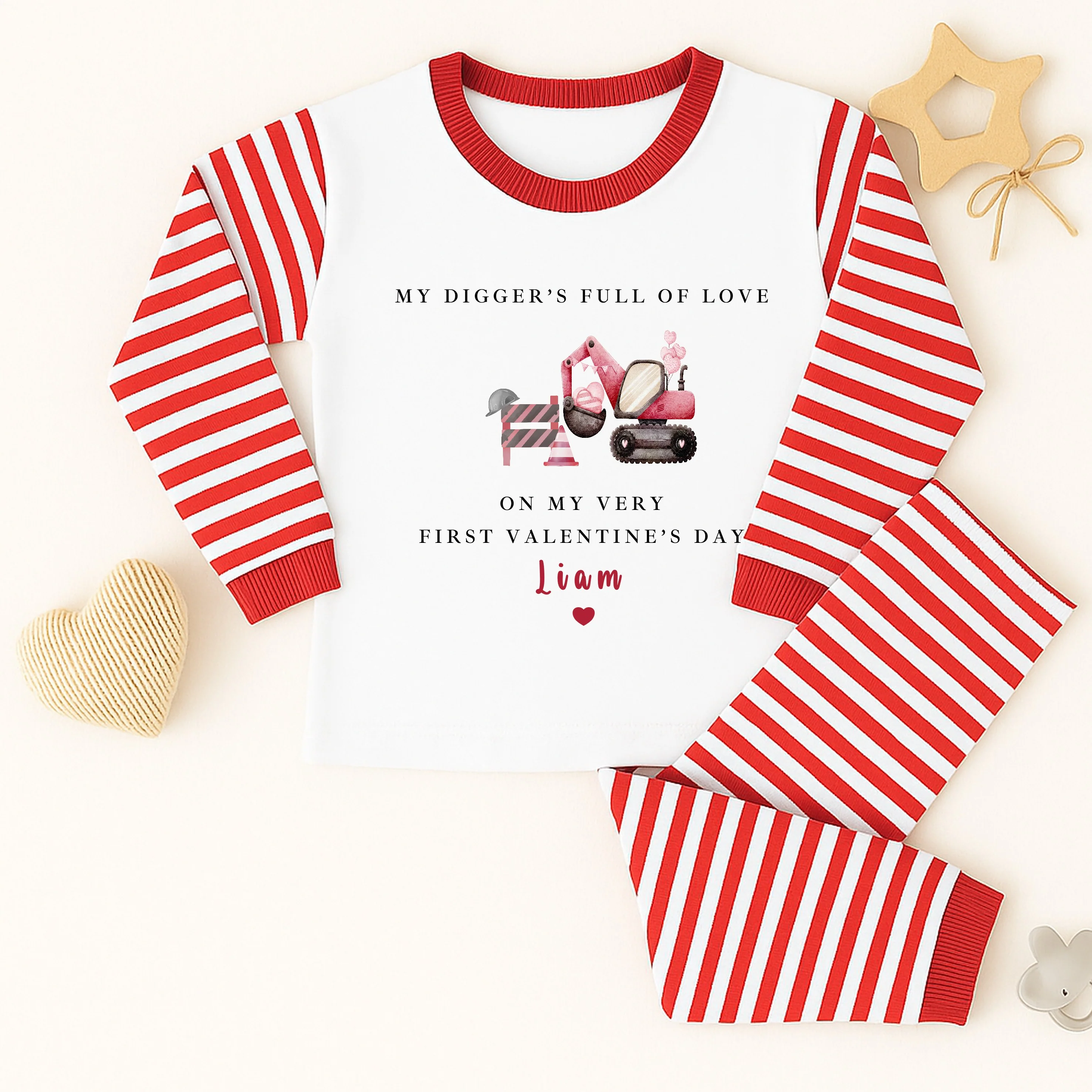 Personalised Digger First Valentine's Day Red Stripe Pyjamas - Image 4