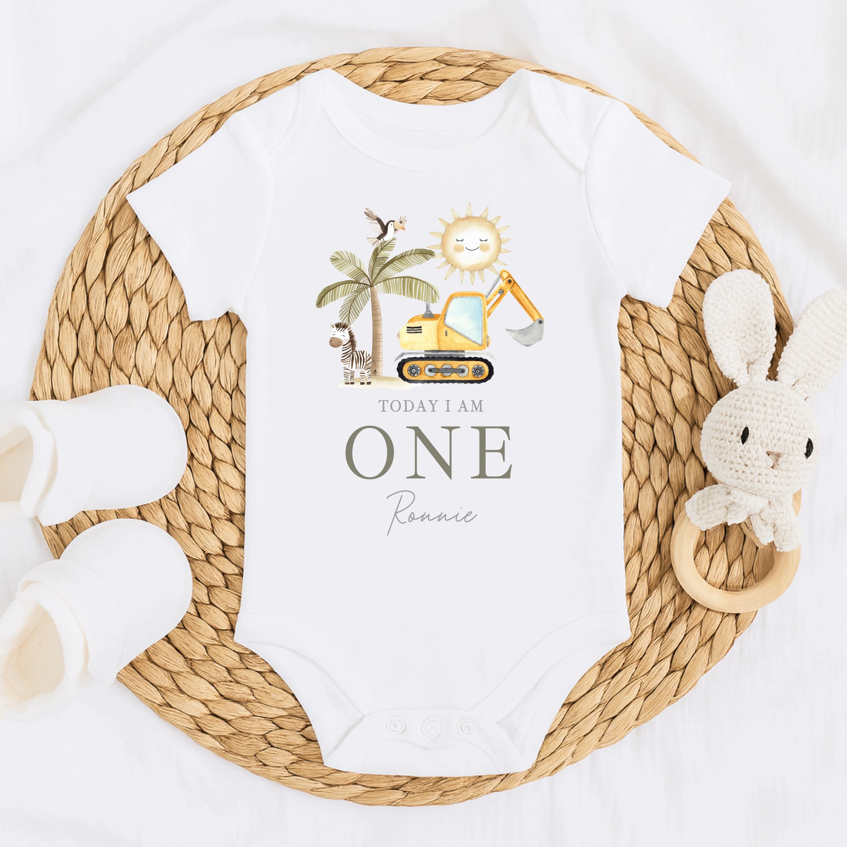 Personalised Digger I Am One Today First Birthday Vest