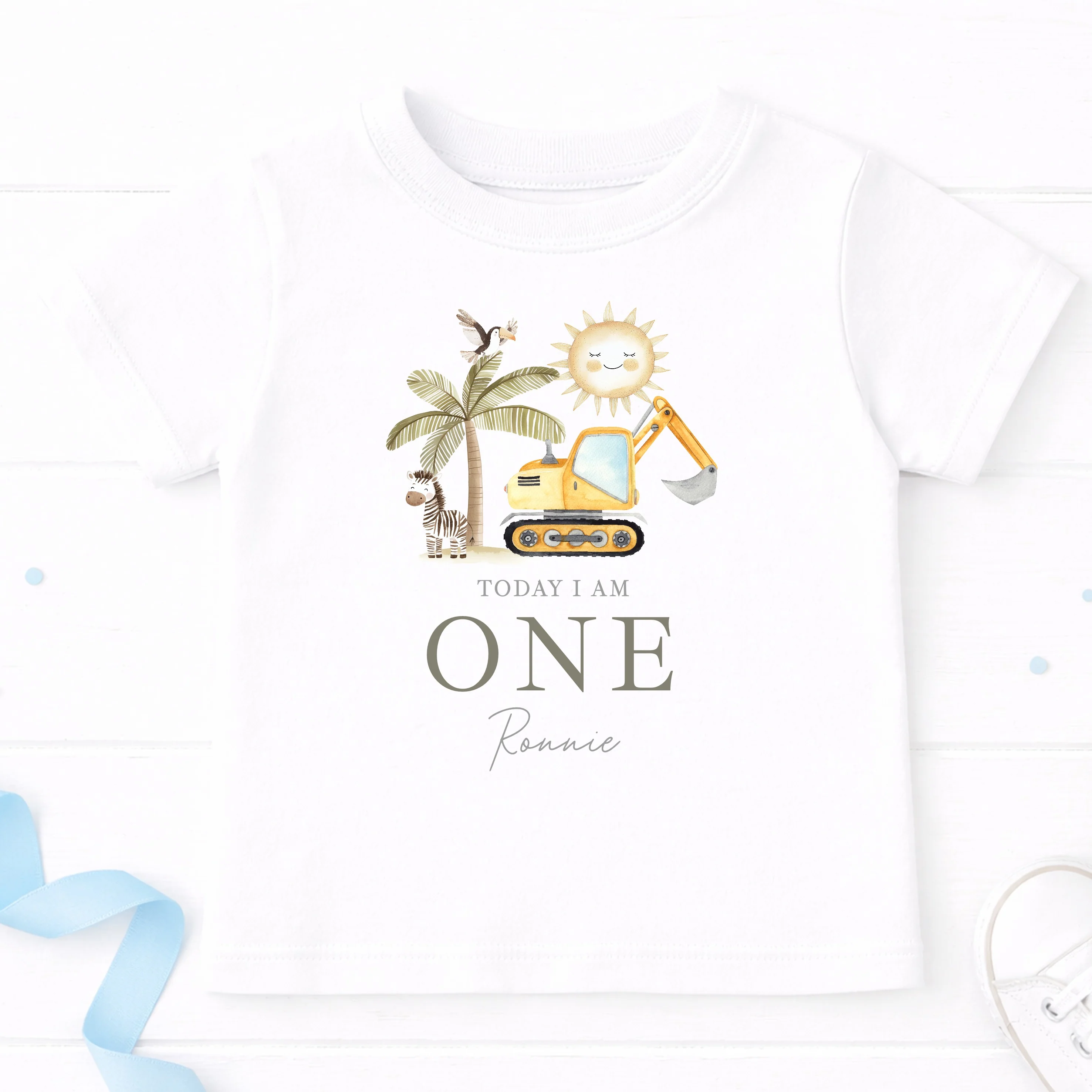Personalised Digger Today I Am One First Birthday T-Shirt - Image 2