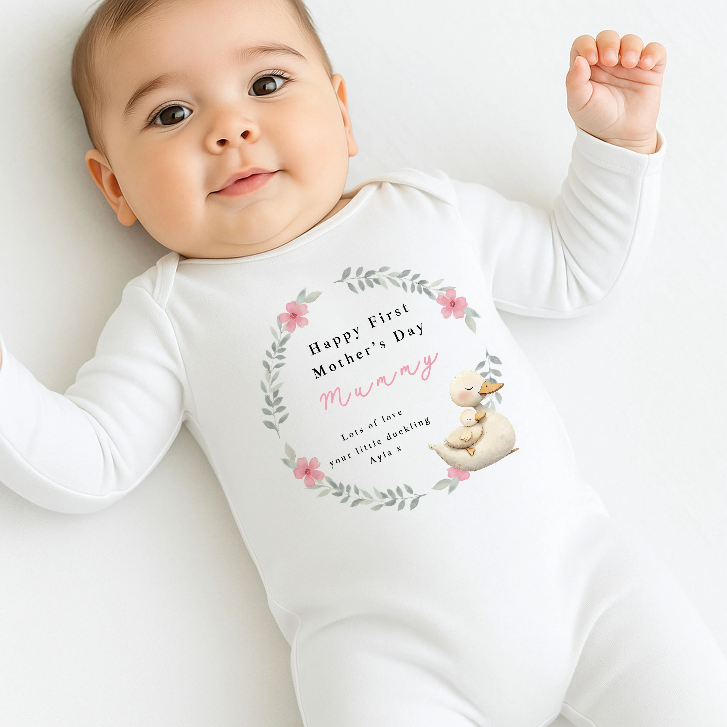 Personalised Duckling Wreath Happy First Mother's Day Baby Grow, Vest or Bib - Image 4