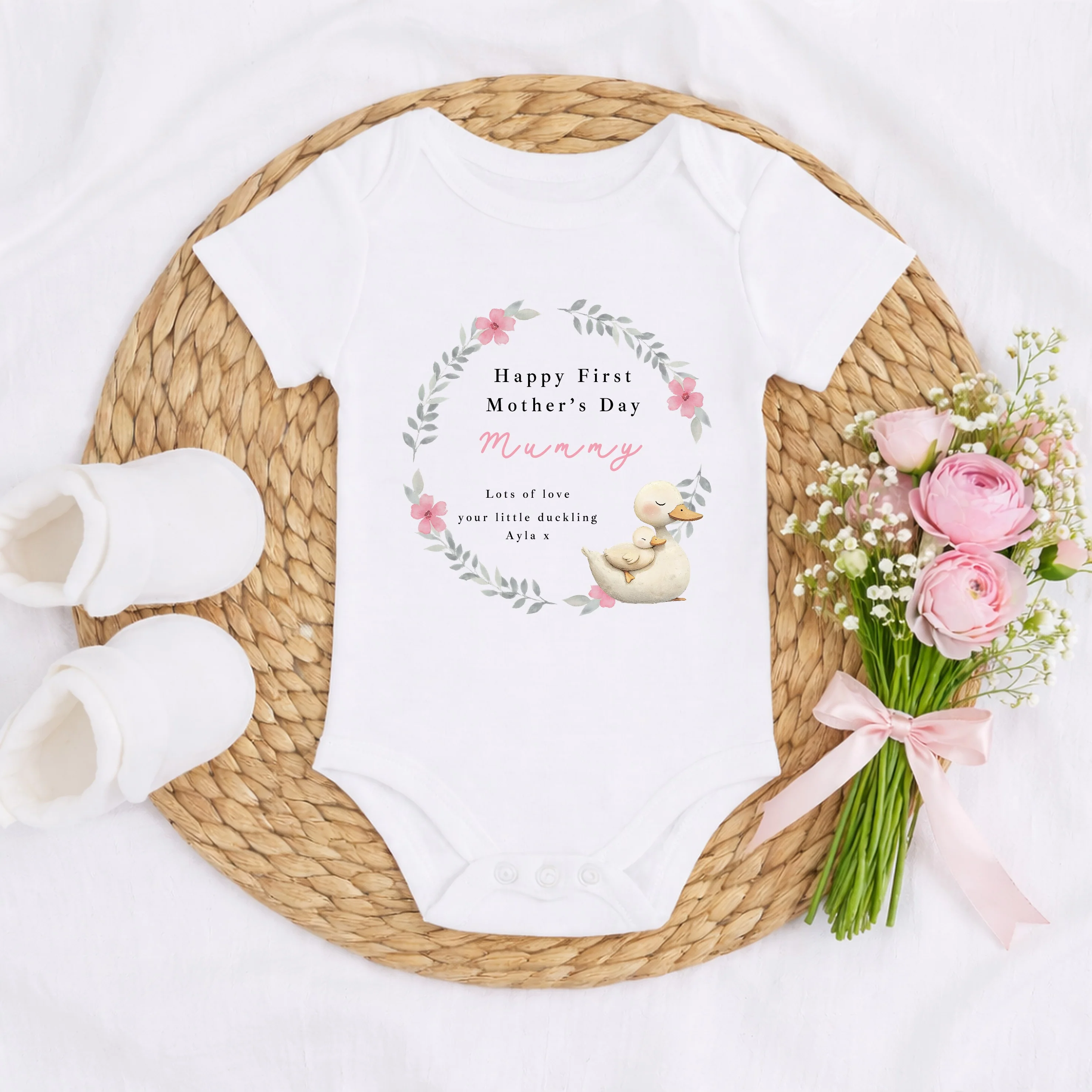 Personalised Duckling Wreath Happy First Mother's Day Baby Grow, Vest or Bib - Image 5