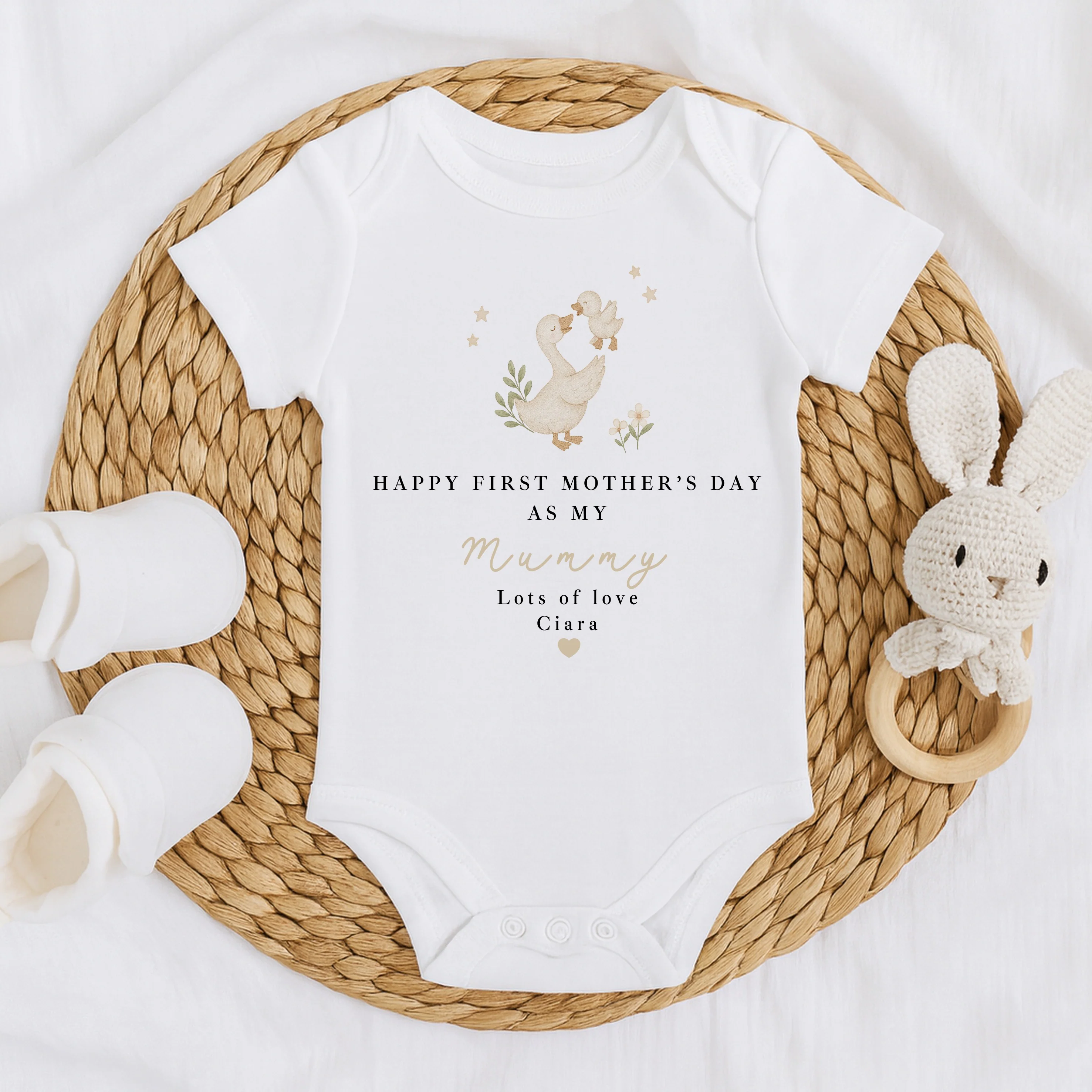 Personalised Ducks Beige Happy First Mother's Day Baby Grow, Vest or Bib - Image 3