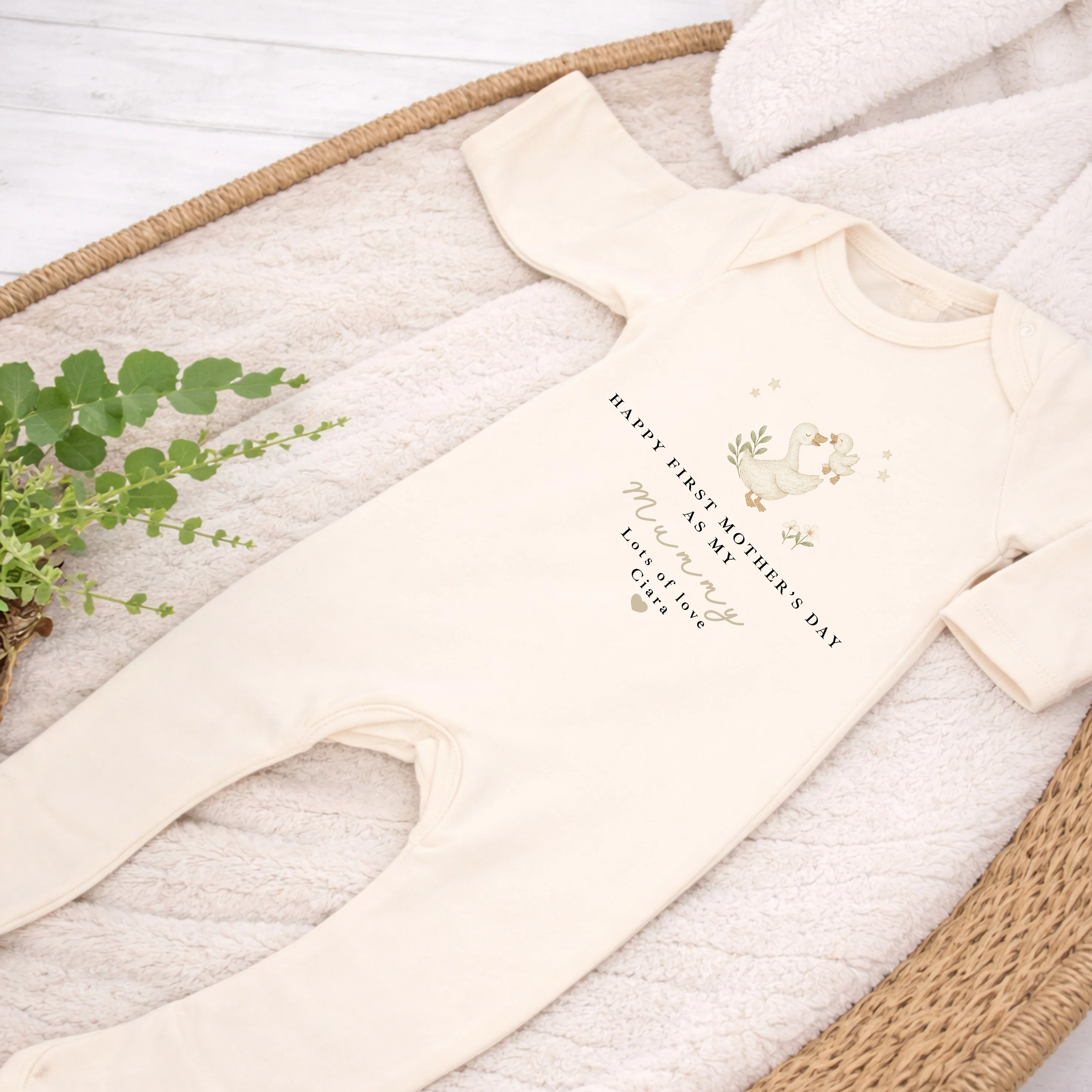 Personalised Ducks Beige Happy First Mother's Day Baby Grow, Vest or Bib - Image 4